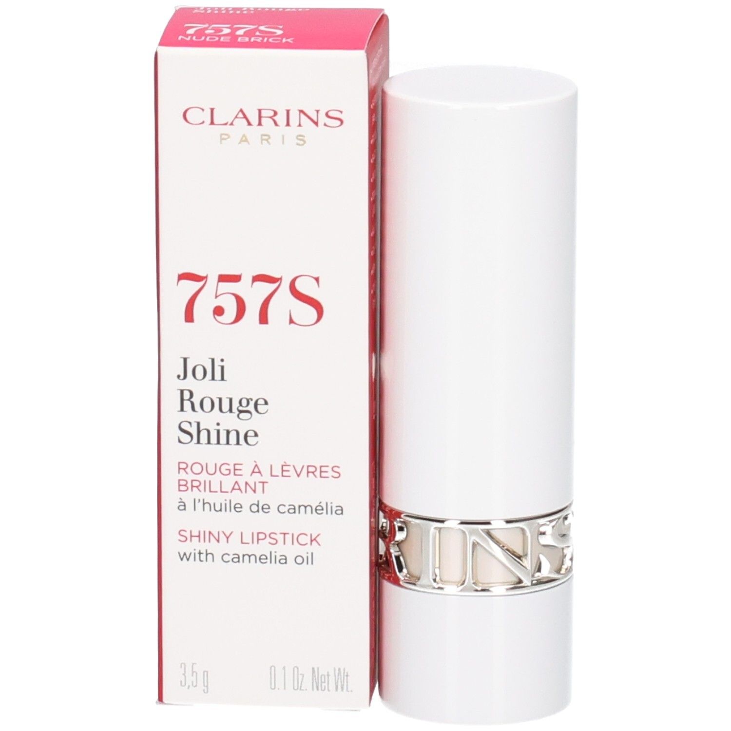 Clarins Joli Rouge Shine Lippenstift, Farbe 757S Nude Brick, mit Kamelienöl. Weiße Hülse mit silbernem Ring.
