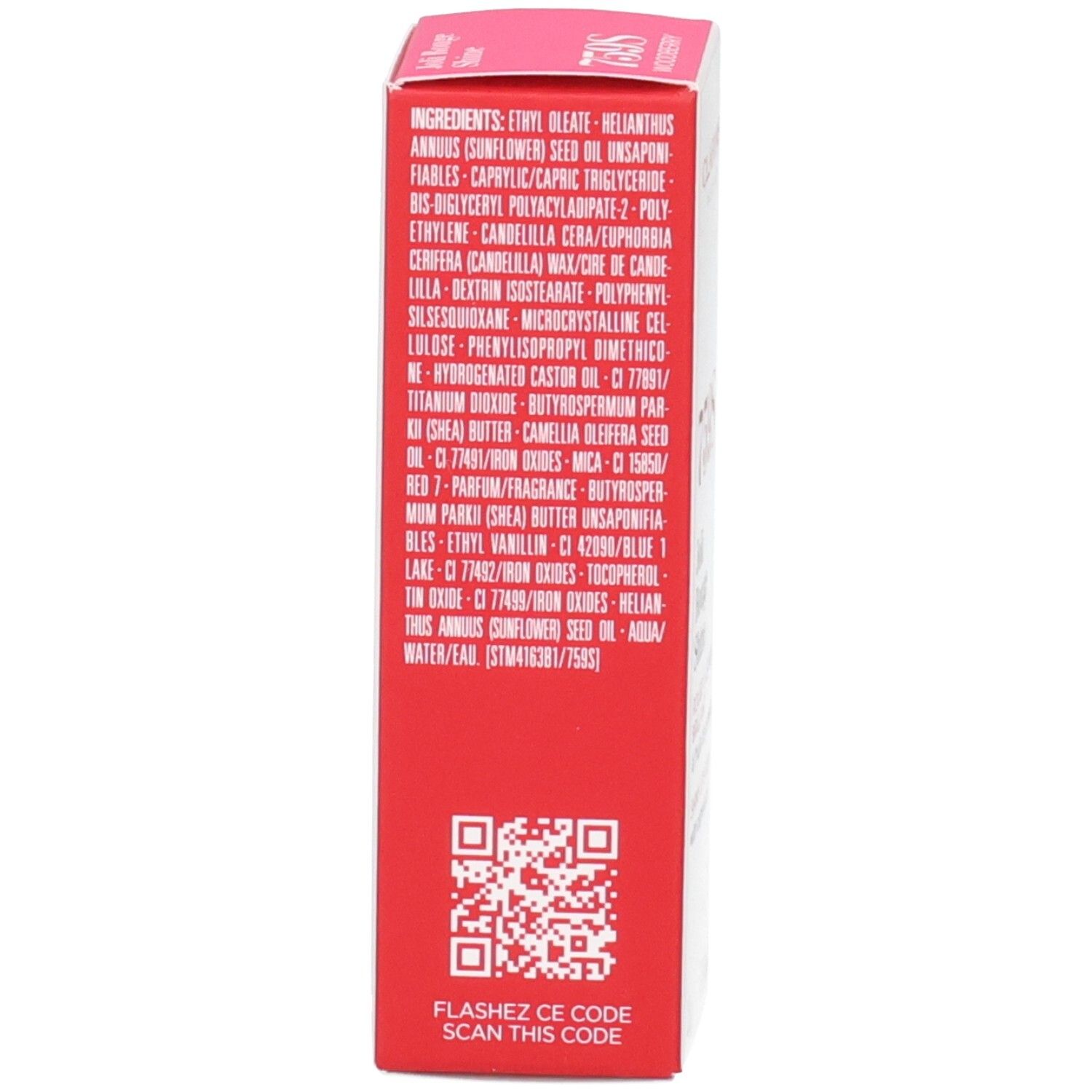 Rückseite der Clarins Joli Rouge Shine Verpackung mit Inhaltsstoffangaben und QR-Code.