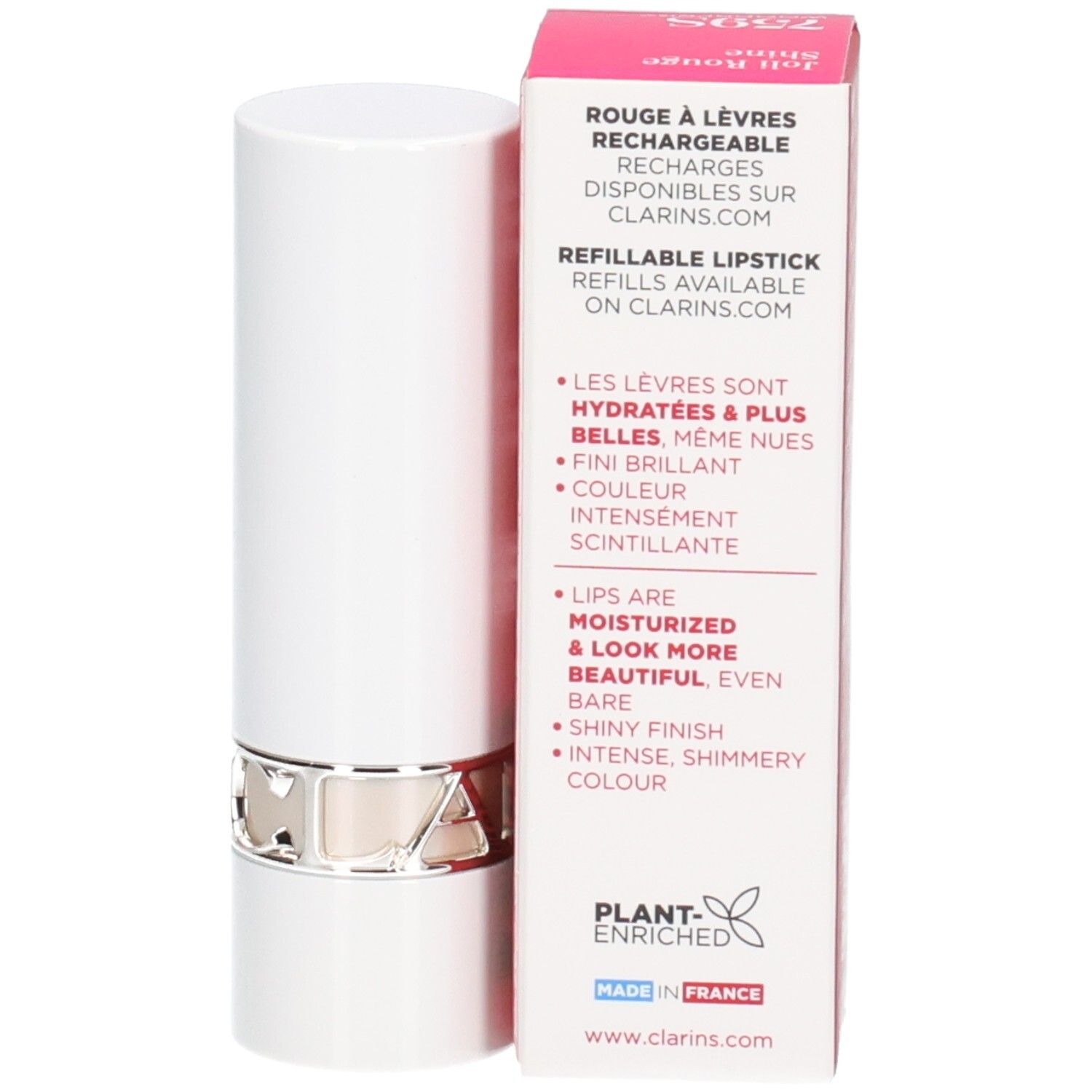 Clarins Joli Rouge Shine Lippenstift, nachfüllbar, mit silbernem Ring und Produktvorteilen.