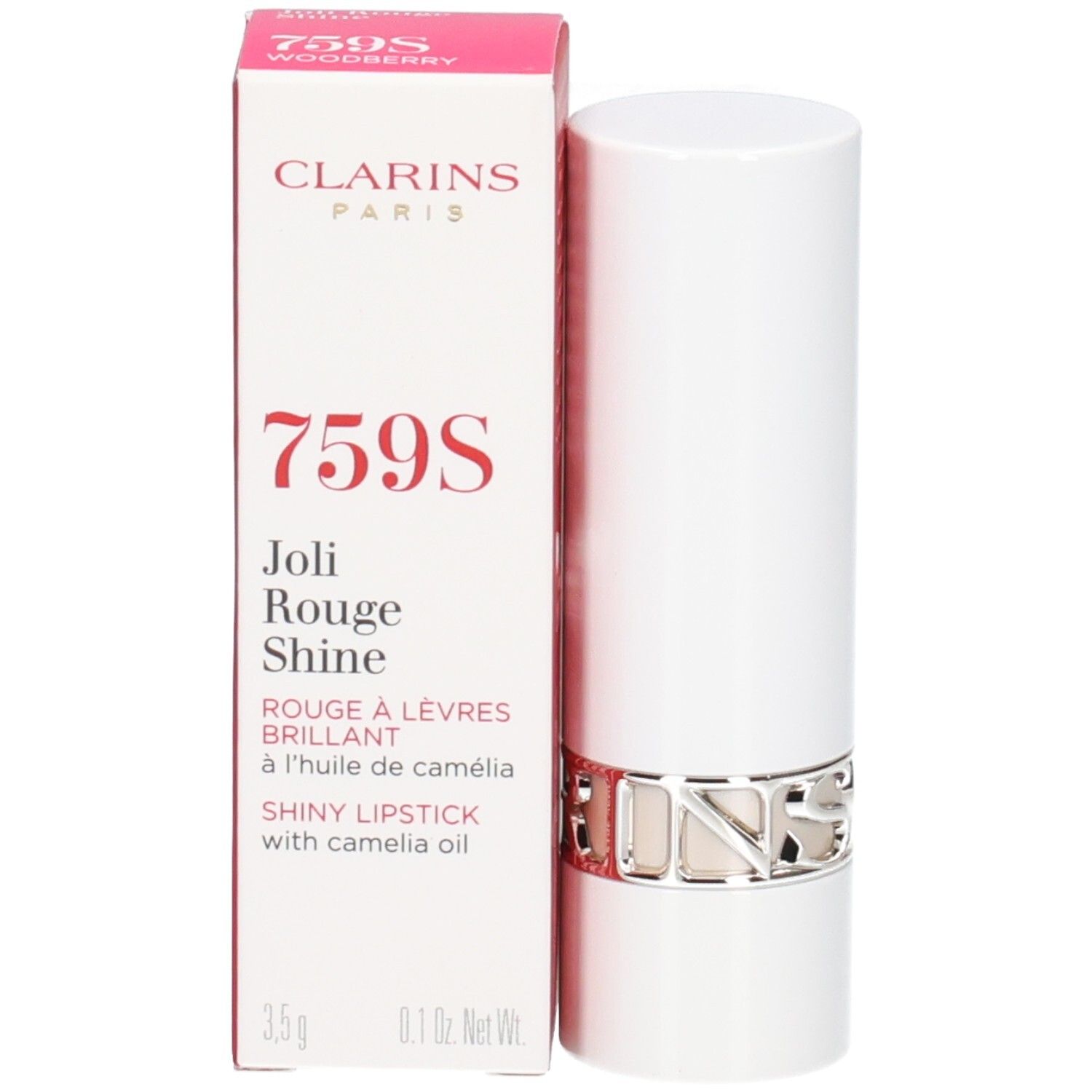 Clarins Joli Rouge Shine Lippenstift 759S Woodberry in weißer Verpackung mit silbernem Ring.