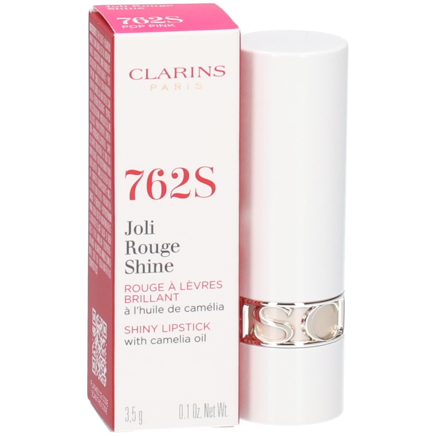 Clarins Joli Rouge Shine Lippenstift 762S in weißer Hülse mit silbernem Ring, neben der Verpackung.