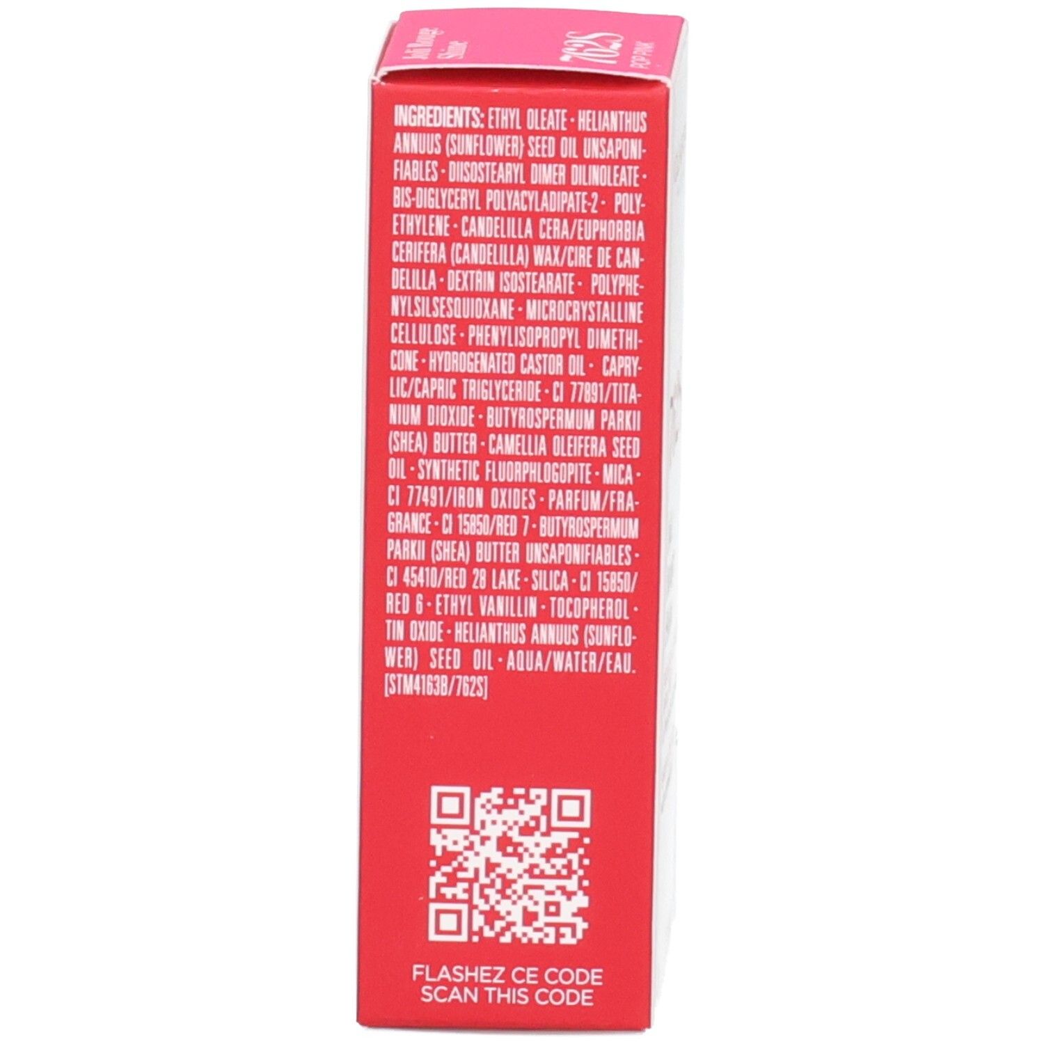 Clarins Joli Rouge Shine Lippenstift 762S, Rückseite der Verpackung mit Inhaltsstoffen und QR-Code.