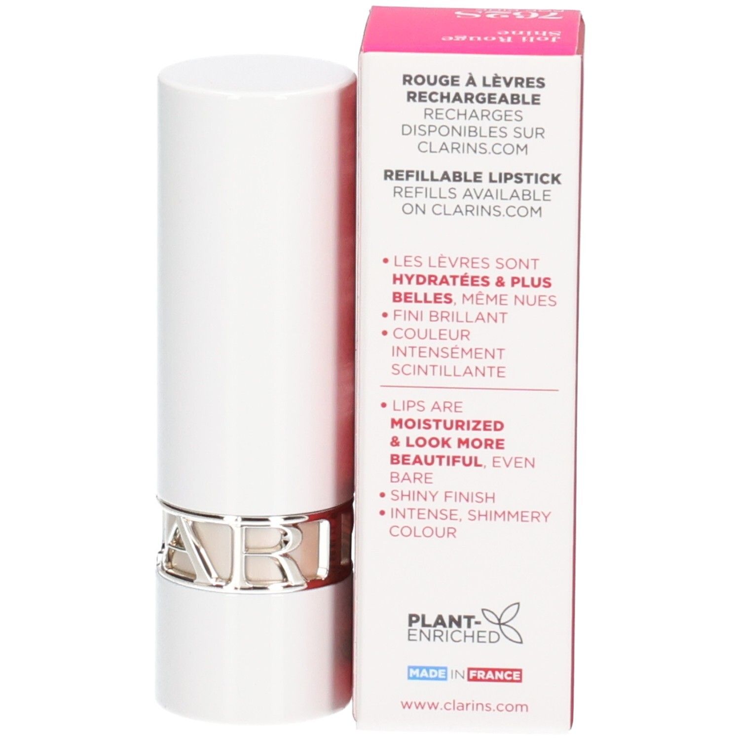 Clarins Joli Rouge Shine Lippenstift 762S in weißer Hülse mit silbernem Ring, neben der Verpackung, die auf Nachfüllbarkeit hinweist.