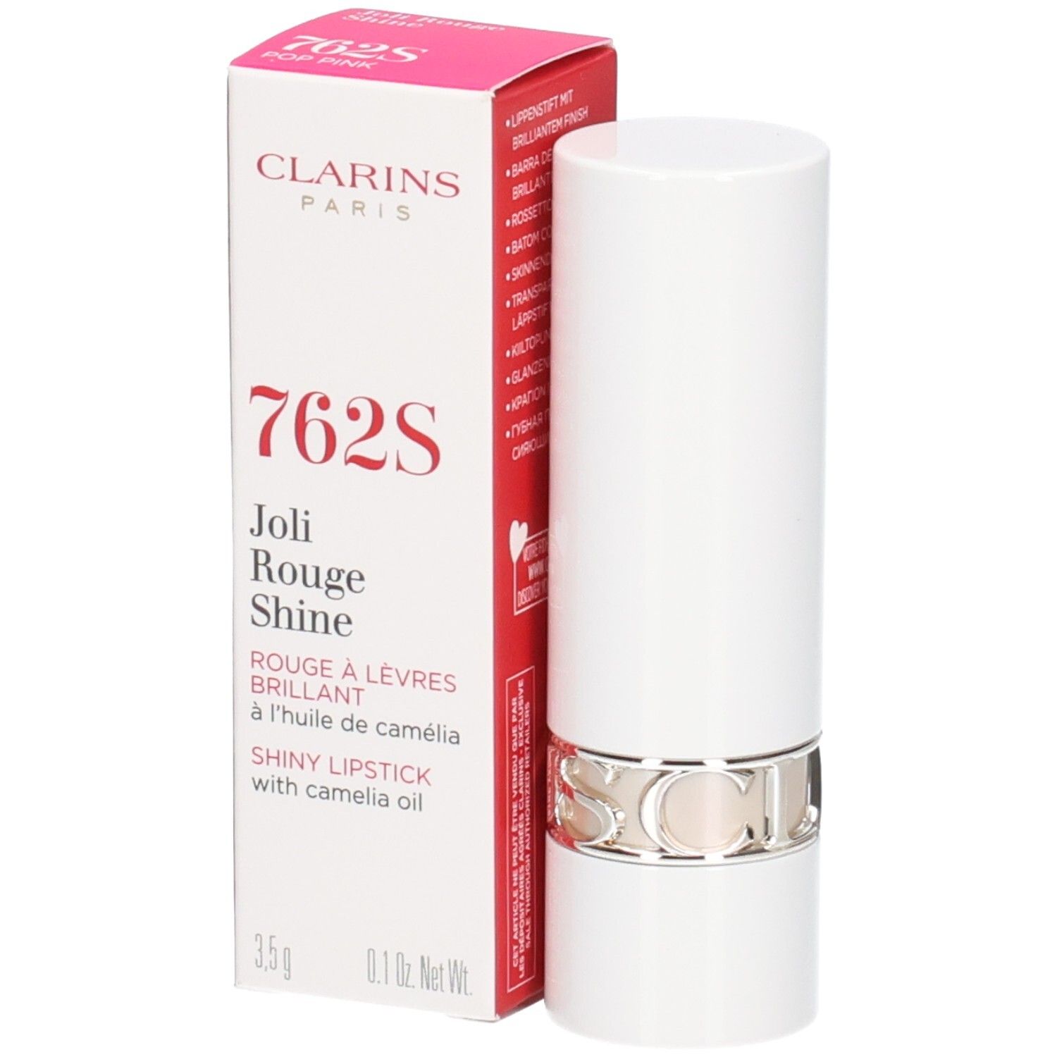 Clarins Joli Rouge Shine Lippenstift 762S in weißer Hülse mit silbernem Ring, neben der Verpackung.