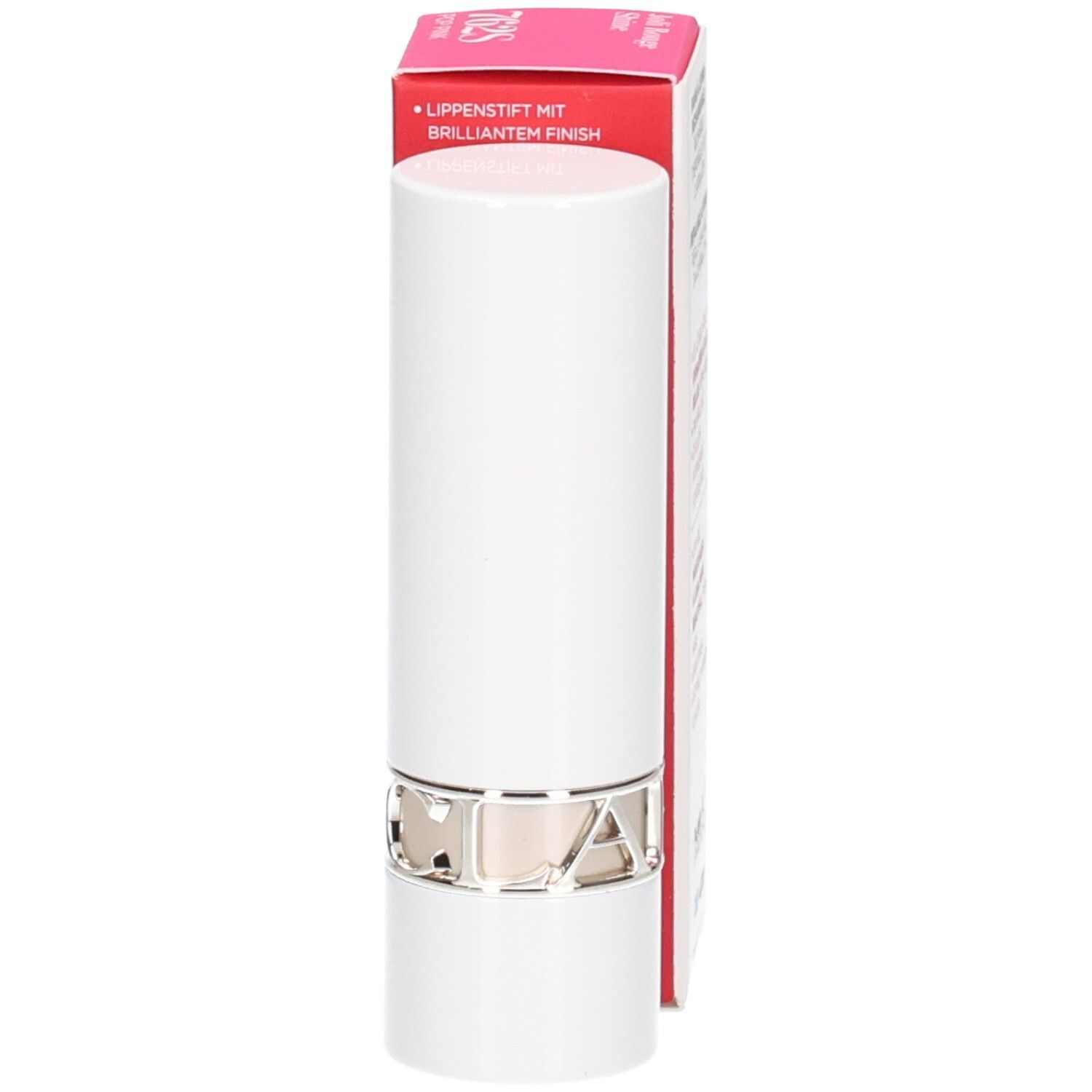 Clarins Joli Rouge Shine Lippenstift 762S in weißer Hülse mit silbernem Ring, neben der Verpackung.