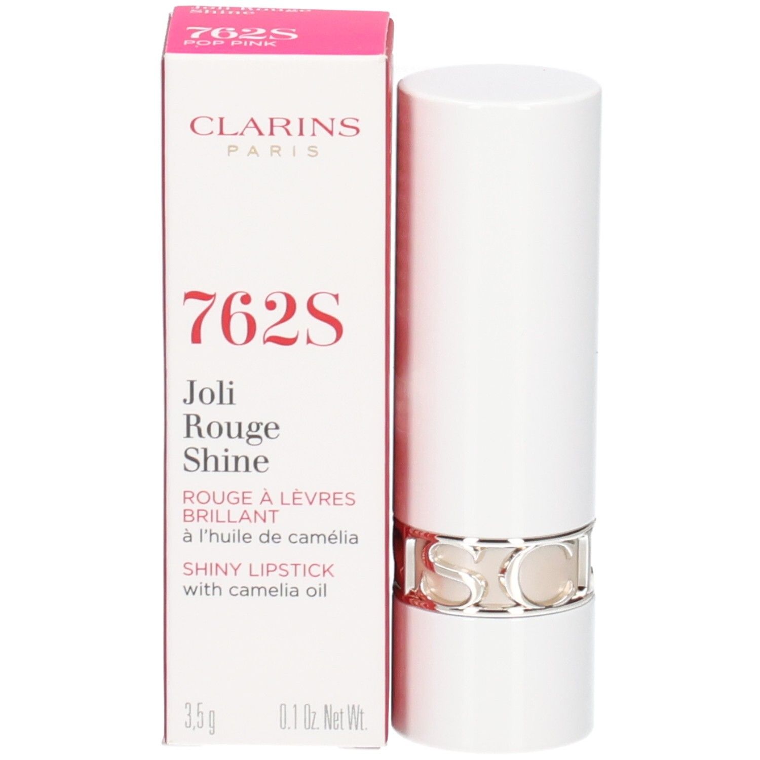 Clarins Joli Rouge Shine Lippenstift 762S in weißer Hülse mit silbernem Ring, neben der Verpackung.