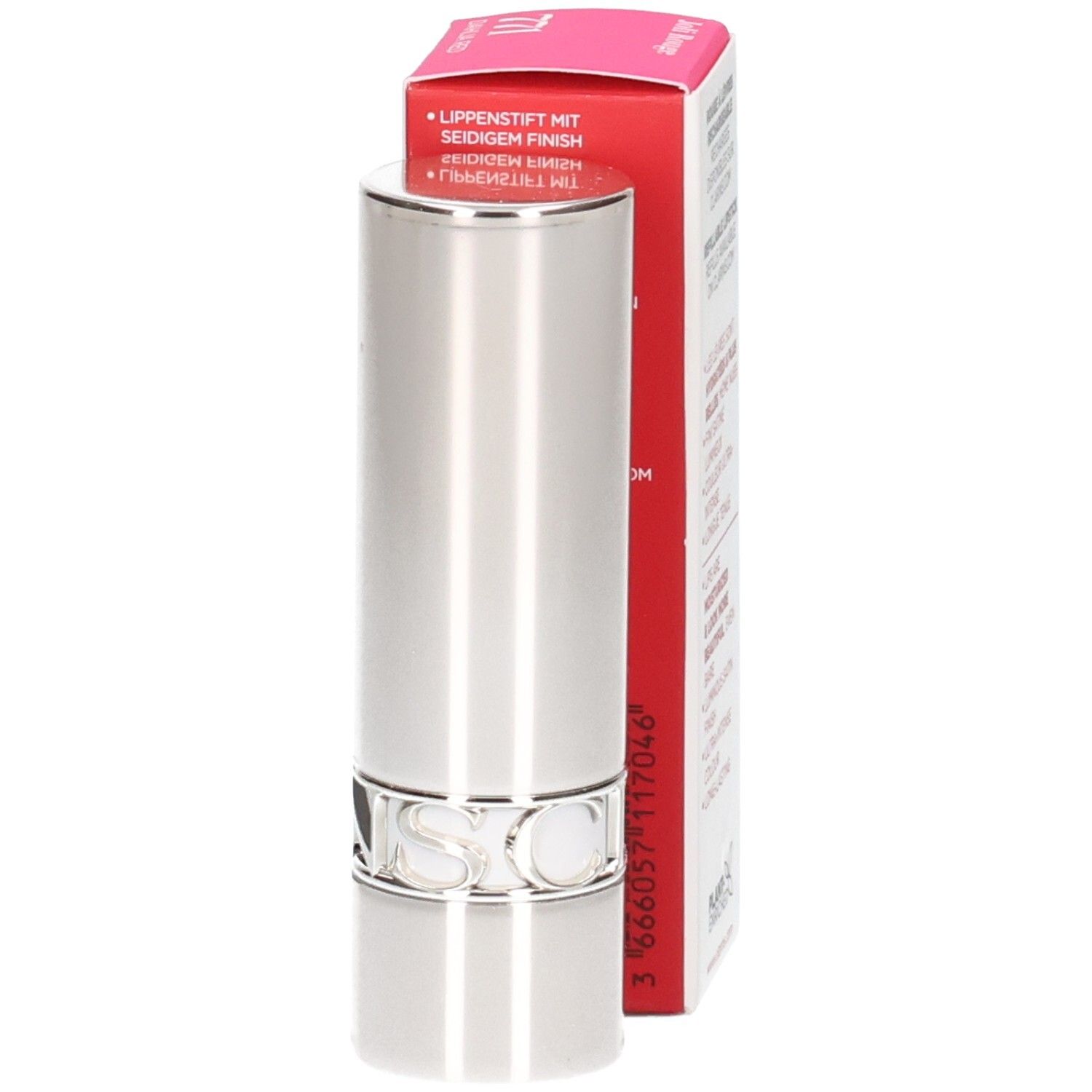 Silberner Lippenstift mit seidigem Finish, neben einer roten Verpackung.