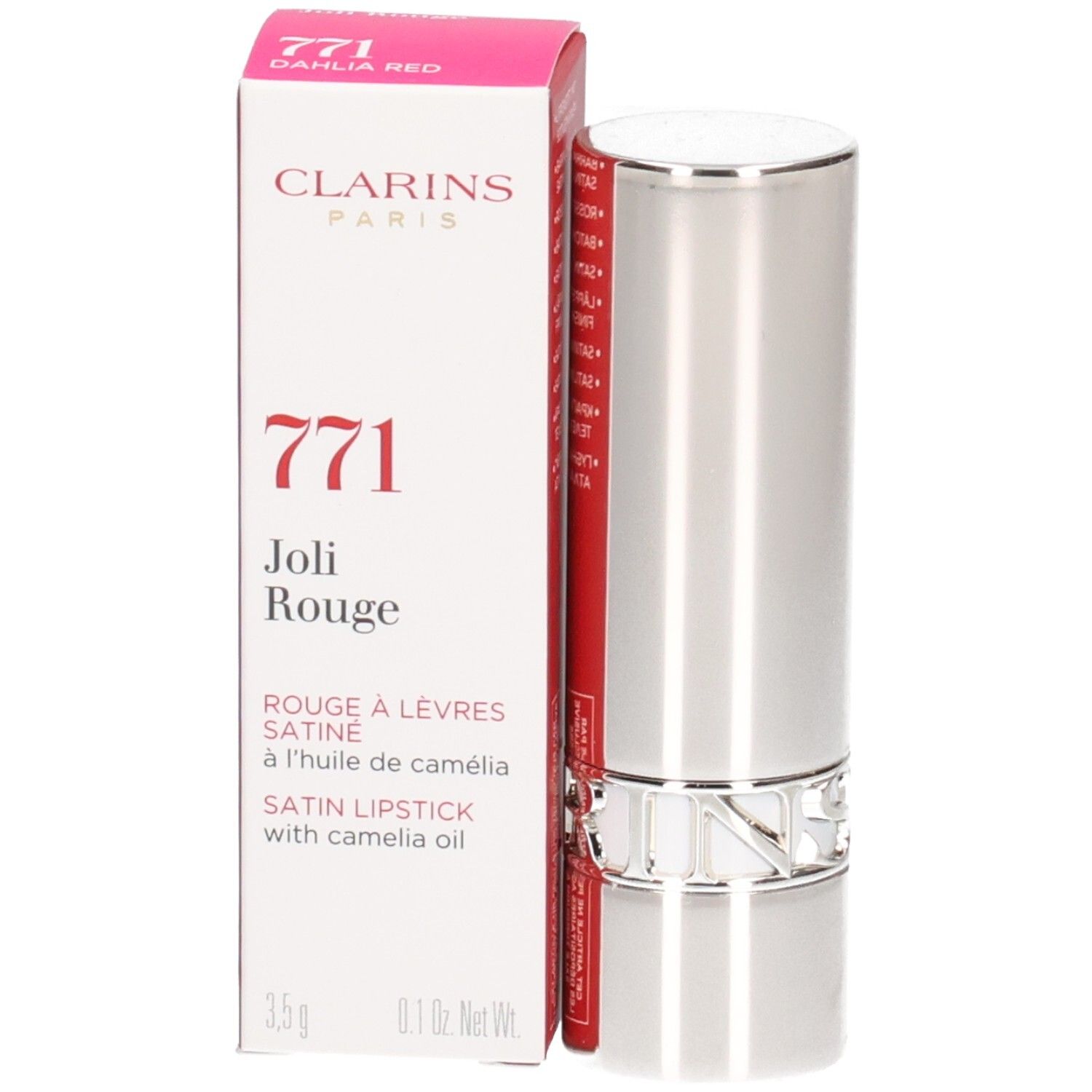 Clarins Joli Rouge Satin Lippenstift, Farbe 771 Dahlia Red, mit Kamelienöl.