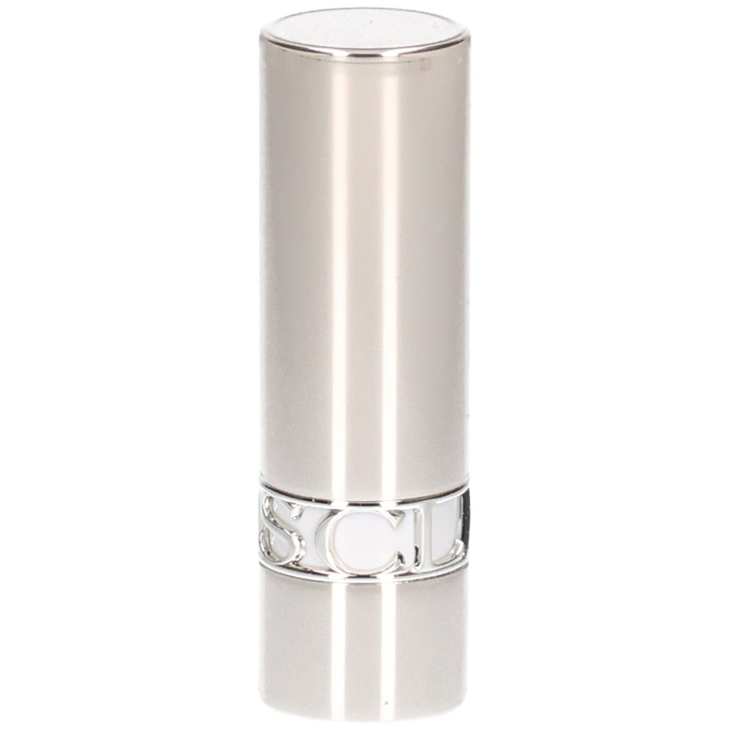 Silberner Lippenstifttiegel mit vertikalen Linien und einem silbernen Ring.