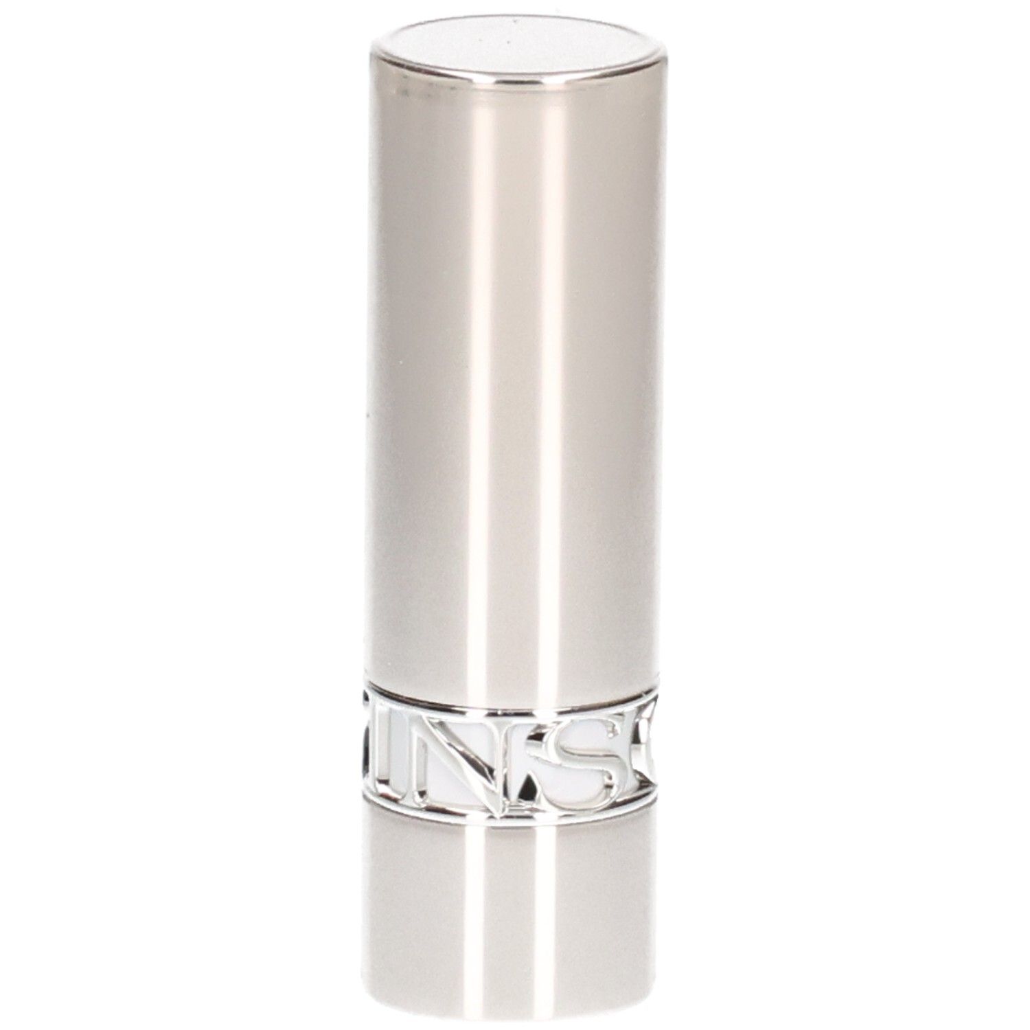 Silberner Lippenstifttiegel mit vertikalen Linien und einem silbernen Ring.