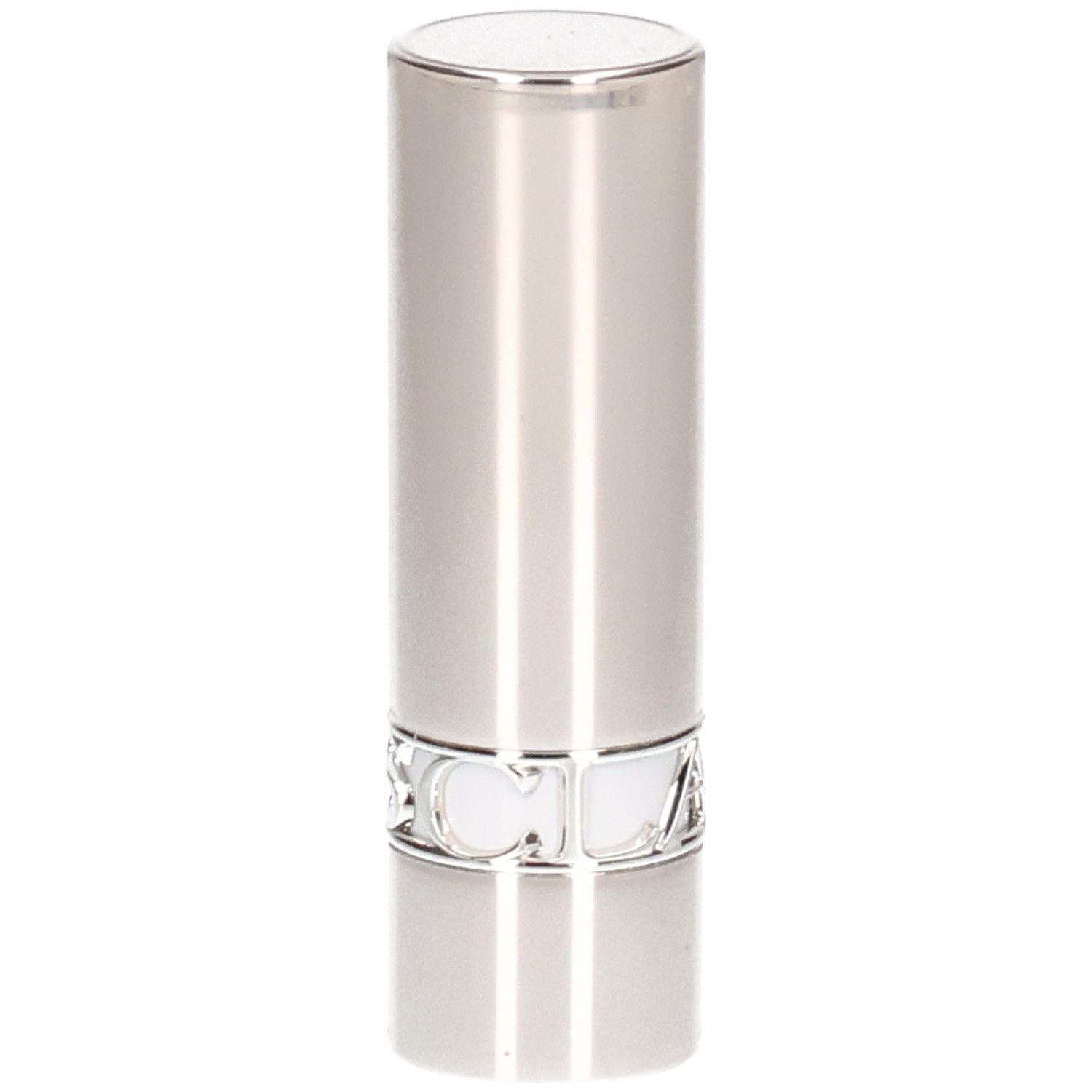 Silberner Lippenstifttiegel mit vertikalen Linien und einem silbernen Ring.