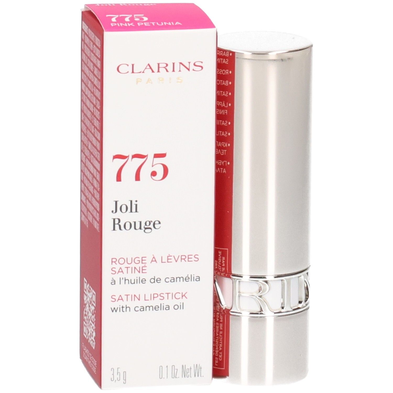 Clarins Joli Rouge Satin Lippenstift, Farbe 775 Pink Petunia, in silberner Hülse und Verpackung.