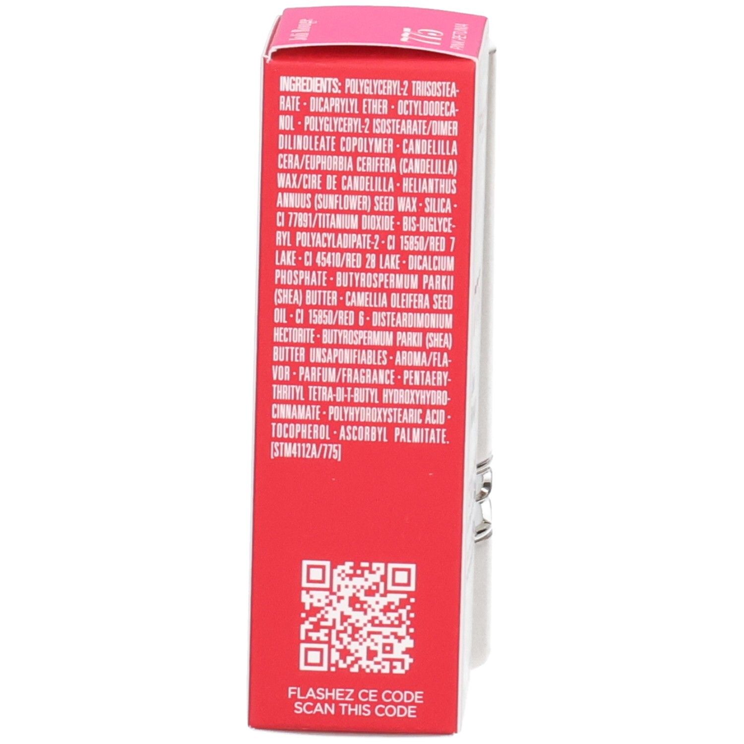 Rote Verpackung mit Inhaltsstoffliste und QR-Code.