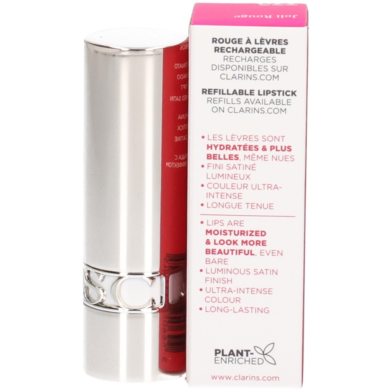 Silberner Lippenstift mit rotem Stift und Verpackung. Beschriftung: "REFILLABLE LIPSTICK".