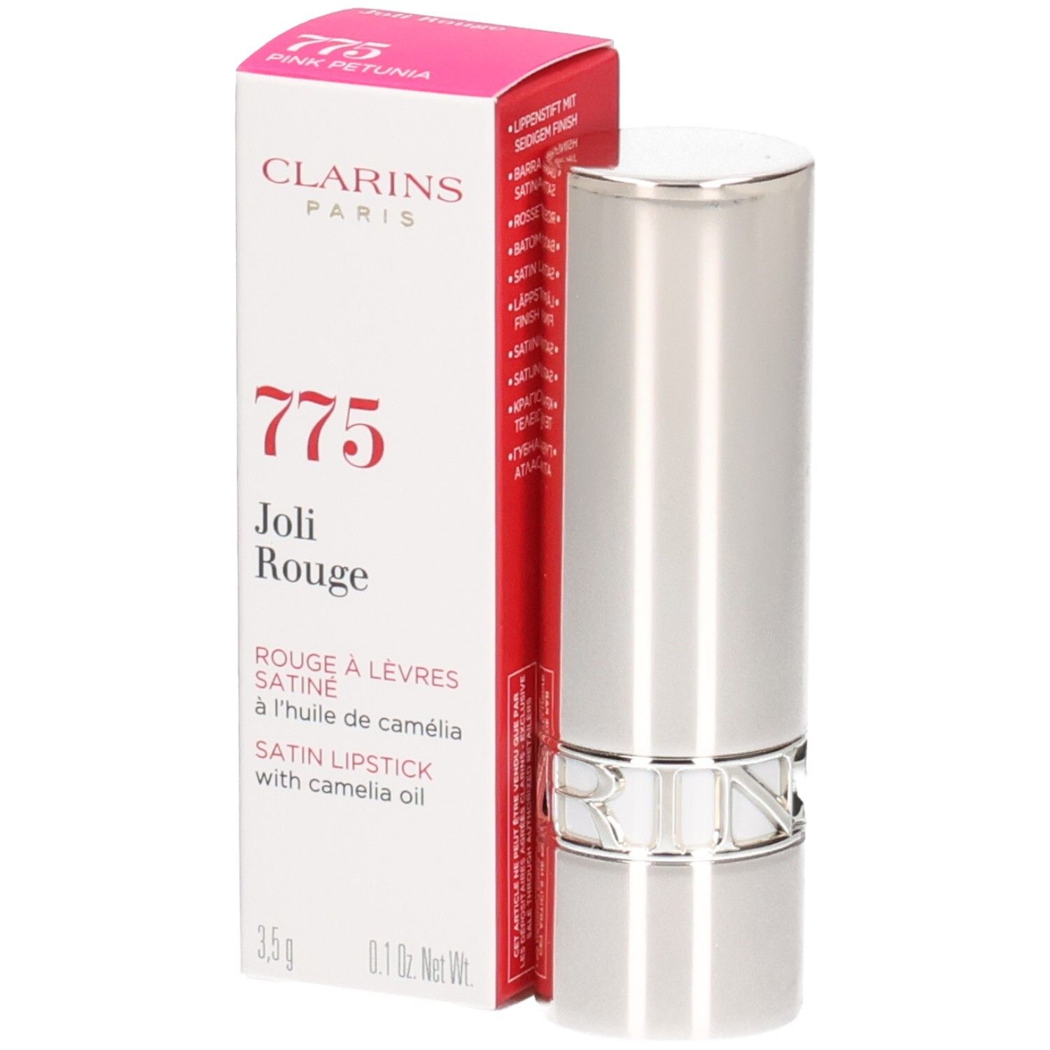 Clarins Joli Rouge Satin Lipstick, Farbe 775 Pink Petunia, in silberner Hülse mit Kartonverpackung.