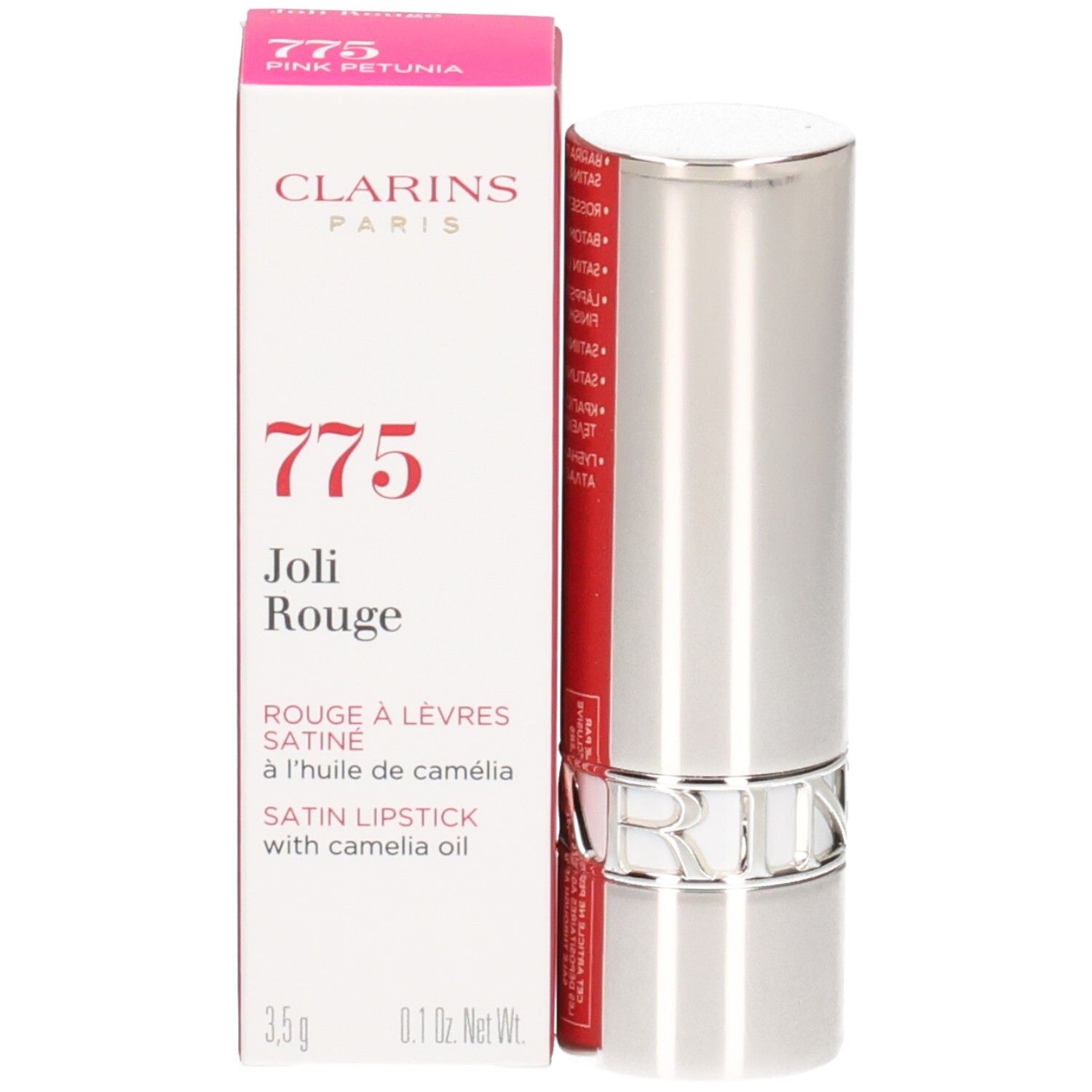 Clarins Joli Rouge Satin Lipstick, Farbe 775 Pink Petunia, mit Kamelienöl. Silberner Behälter.