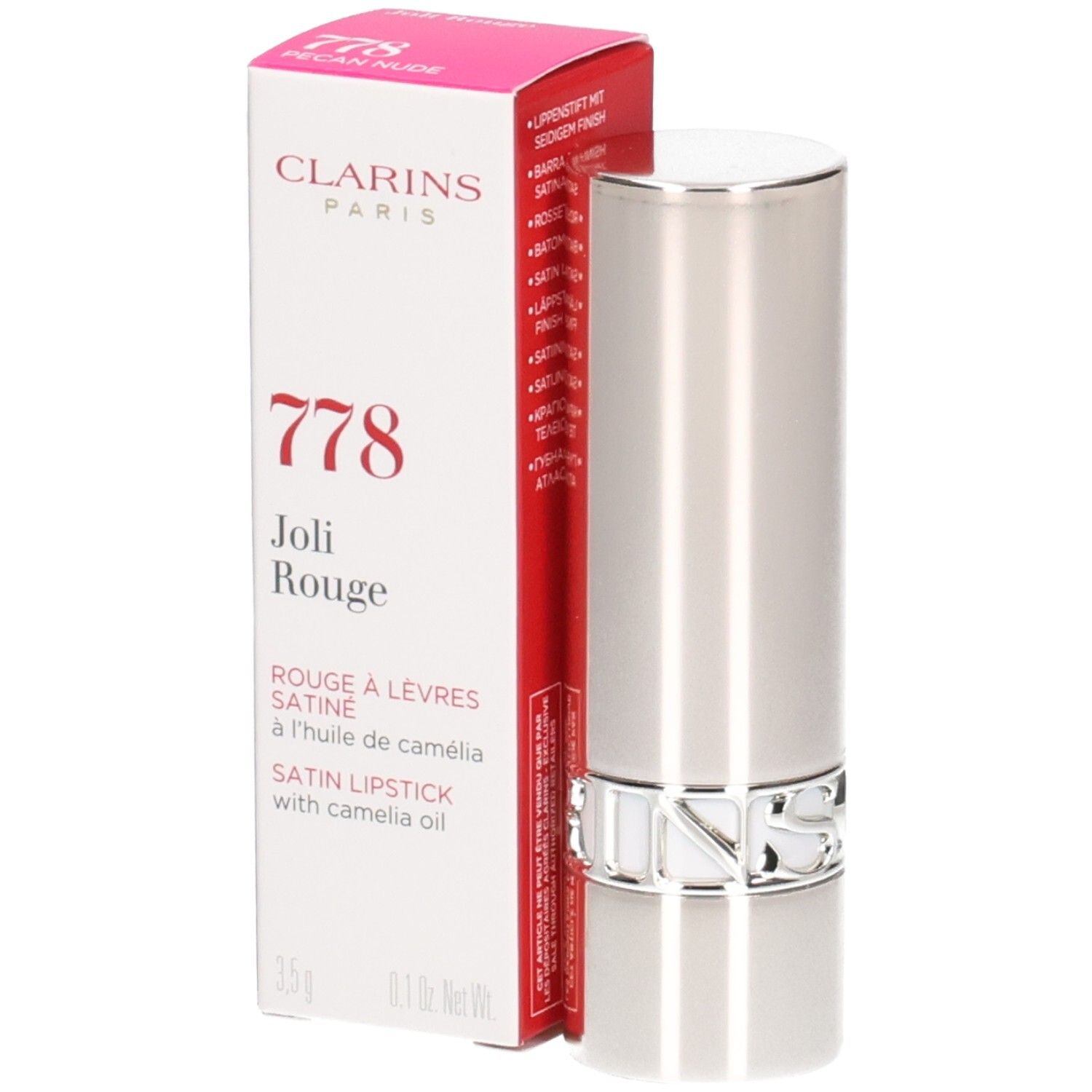 Clarins Joli Rouge Satin Lipstick, Farbe 778, in silberner Hülse mit silbernem Deckel.