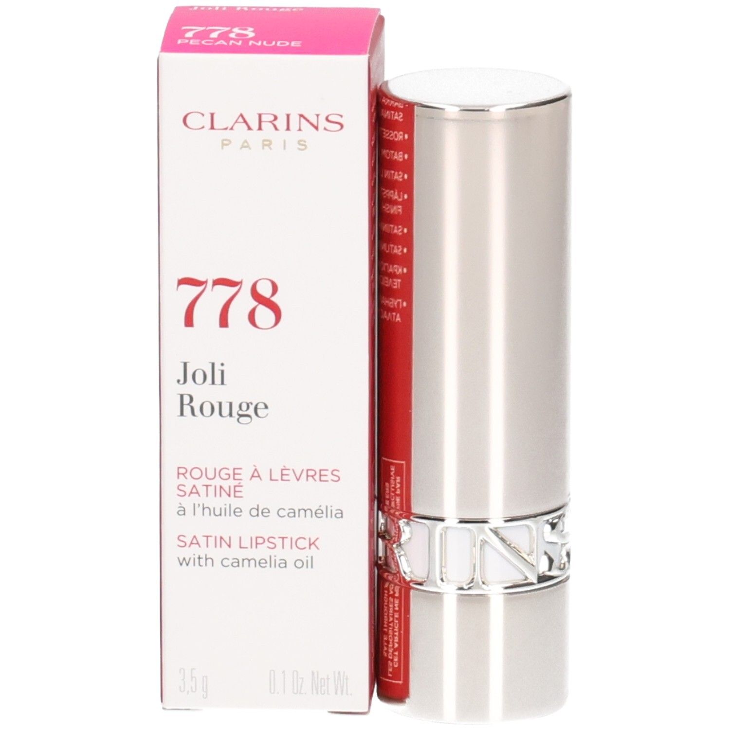 Clarins Joli Rouge Lippenstift, Farbe 778 Pecan Nude, in silberner Hülse mit Verpackung.