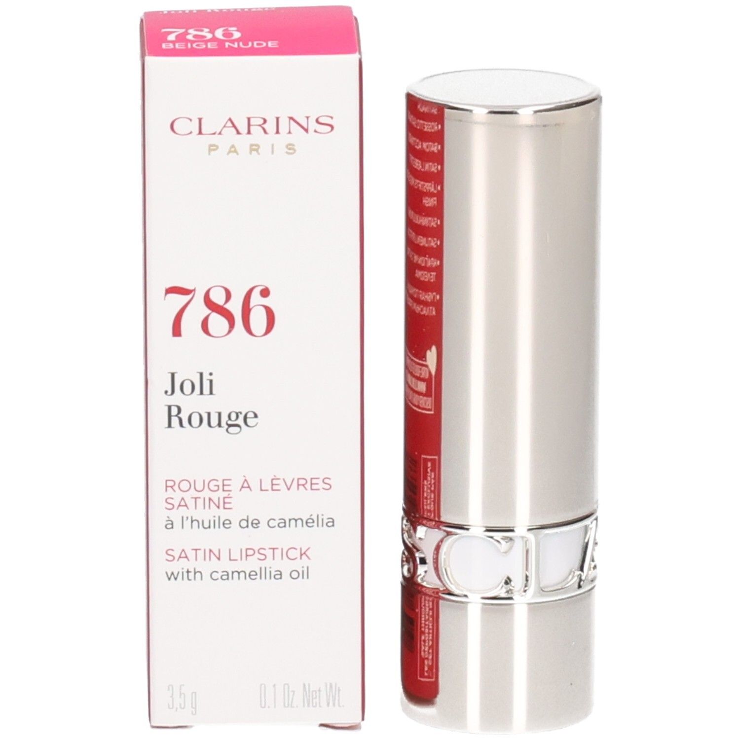 Clarins Joli Rouge Satin Lippenstift, Farbe 786 Beige Nude, mit Kamelienöl.