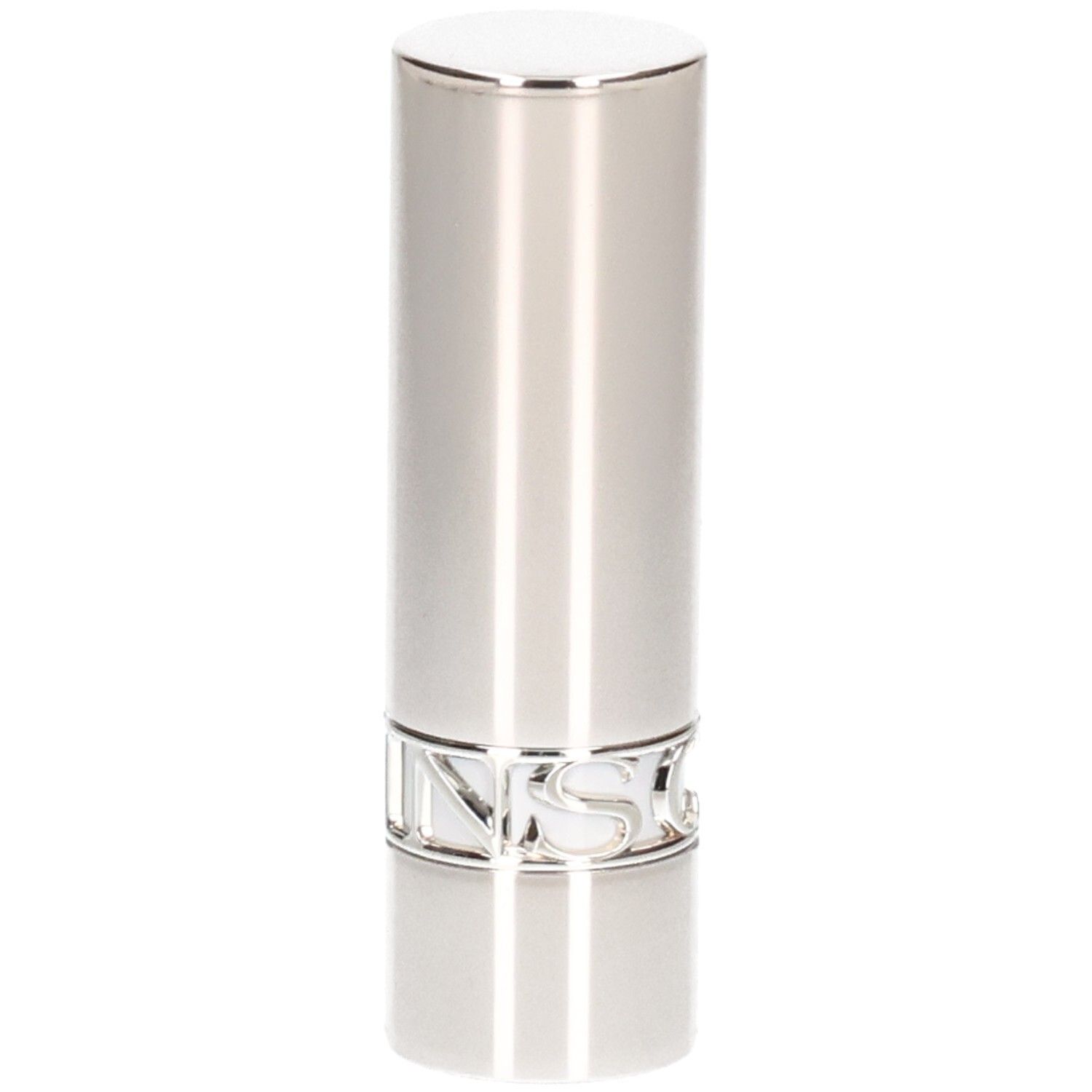 Silberner Lippenstifttiegel mit glänzender Oberfläche und silbernem Schriftzug am Sockel.