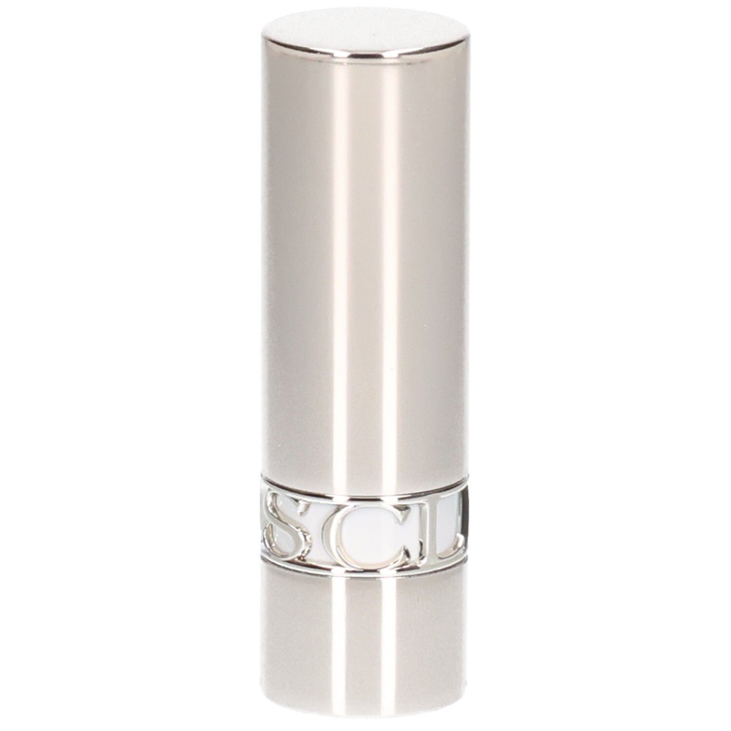 Silberner Lippenstifttiegel mit glänzender Oberfläche und silbernem Schriftzug am Sockel.