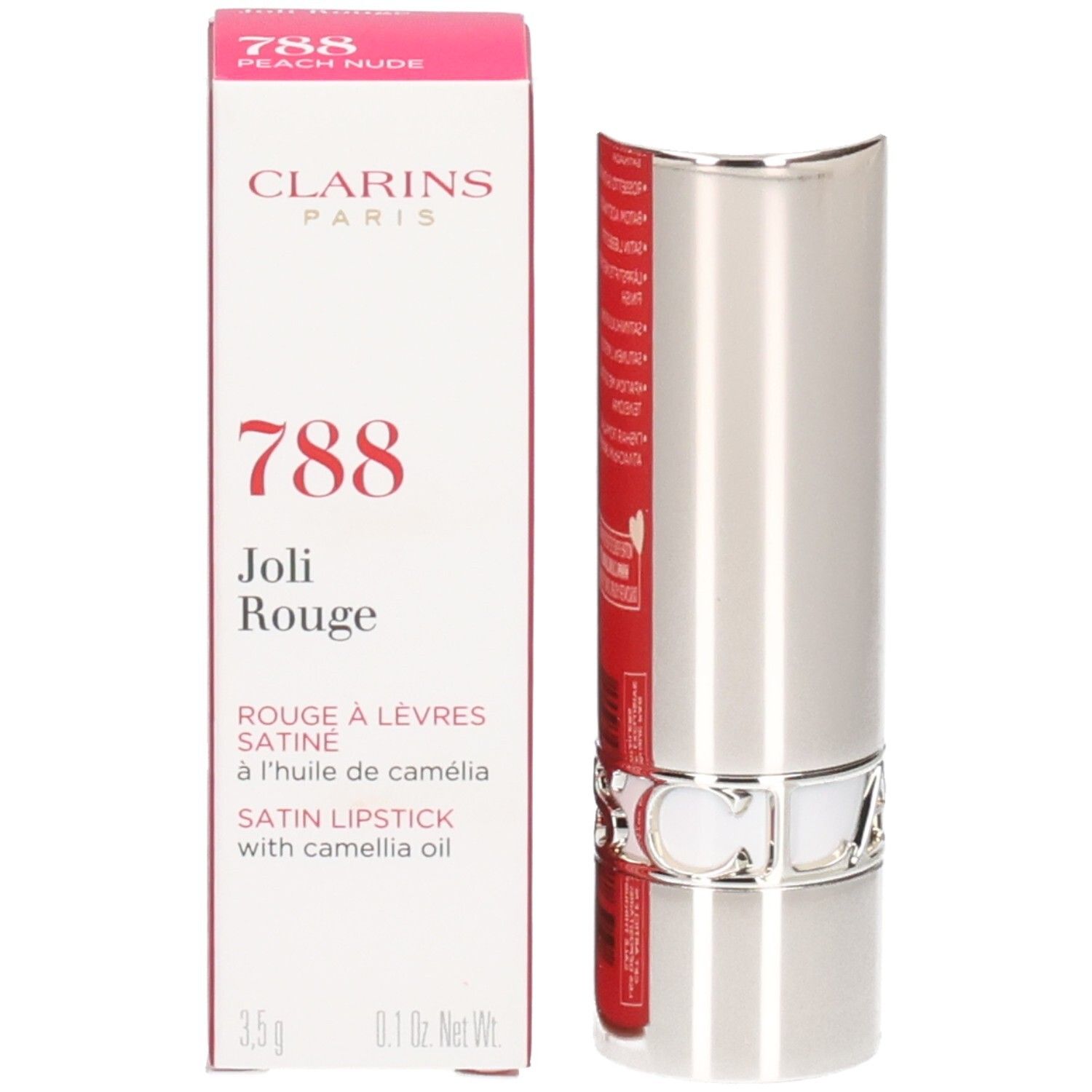 Clarins Joli Rouge Satin Lippenstift, Farbton 788 Peach Nude, in silbernem Tiegel neben der Verpackung.