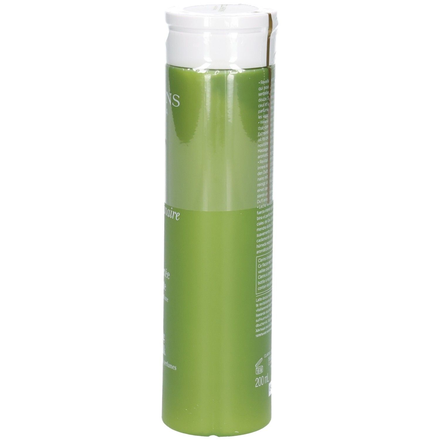 Grüne Flasche mit weißem Verschluss, 200ml Angabe sichtbar.