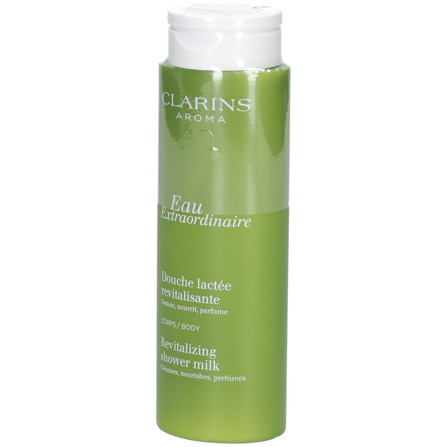 Clarins revitalisierende Duschmilch in grüner Flasche mit weißem Klappdeckel.