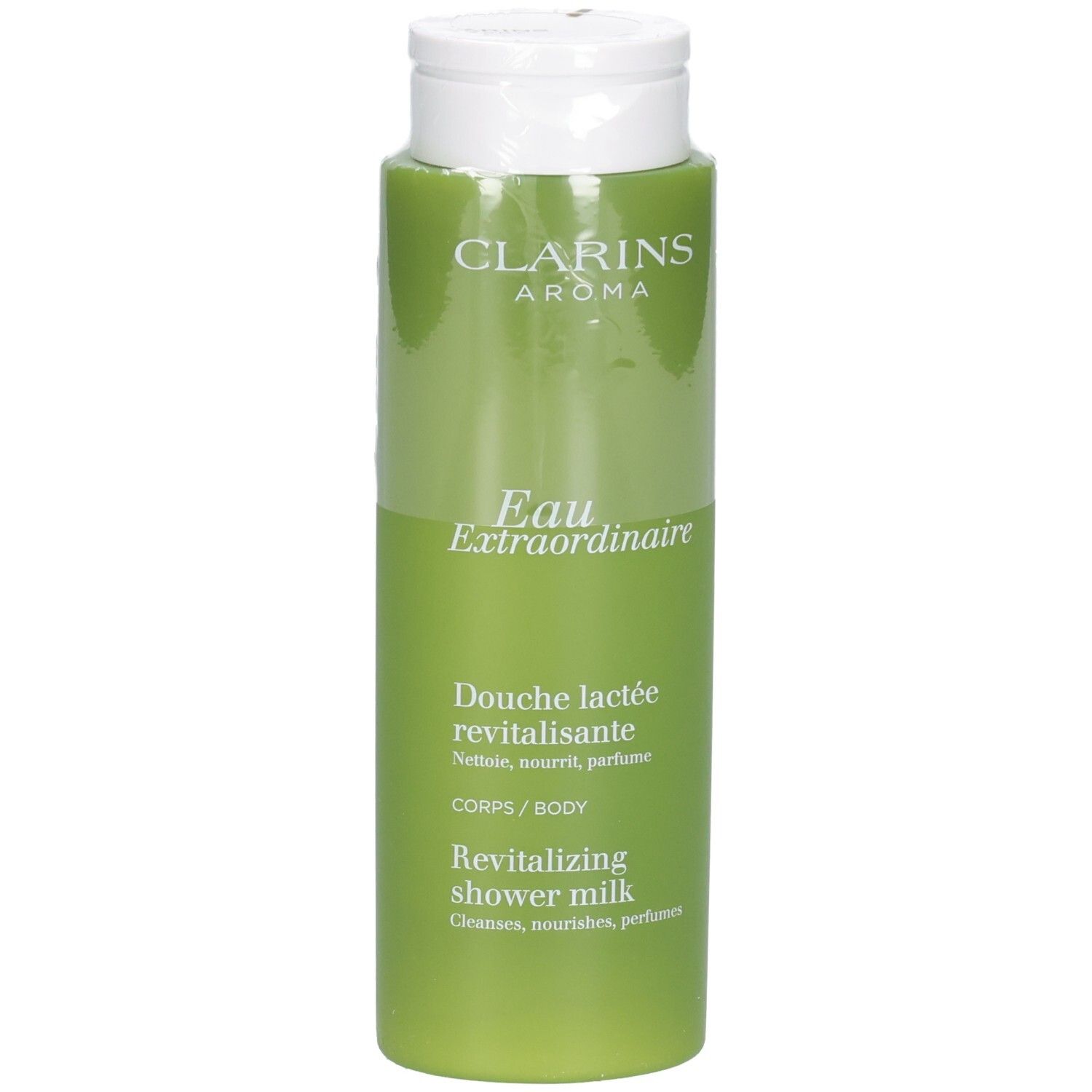 Clarins Eau Extraordinaire revitalisierende Duschmilch in einem grünen Flakon.