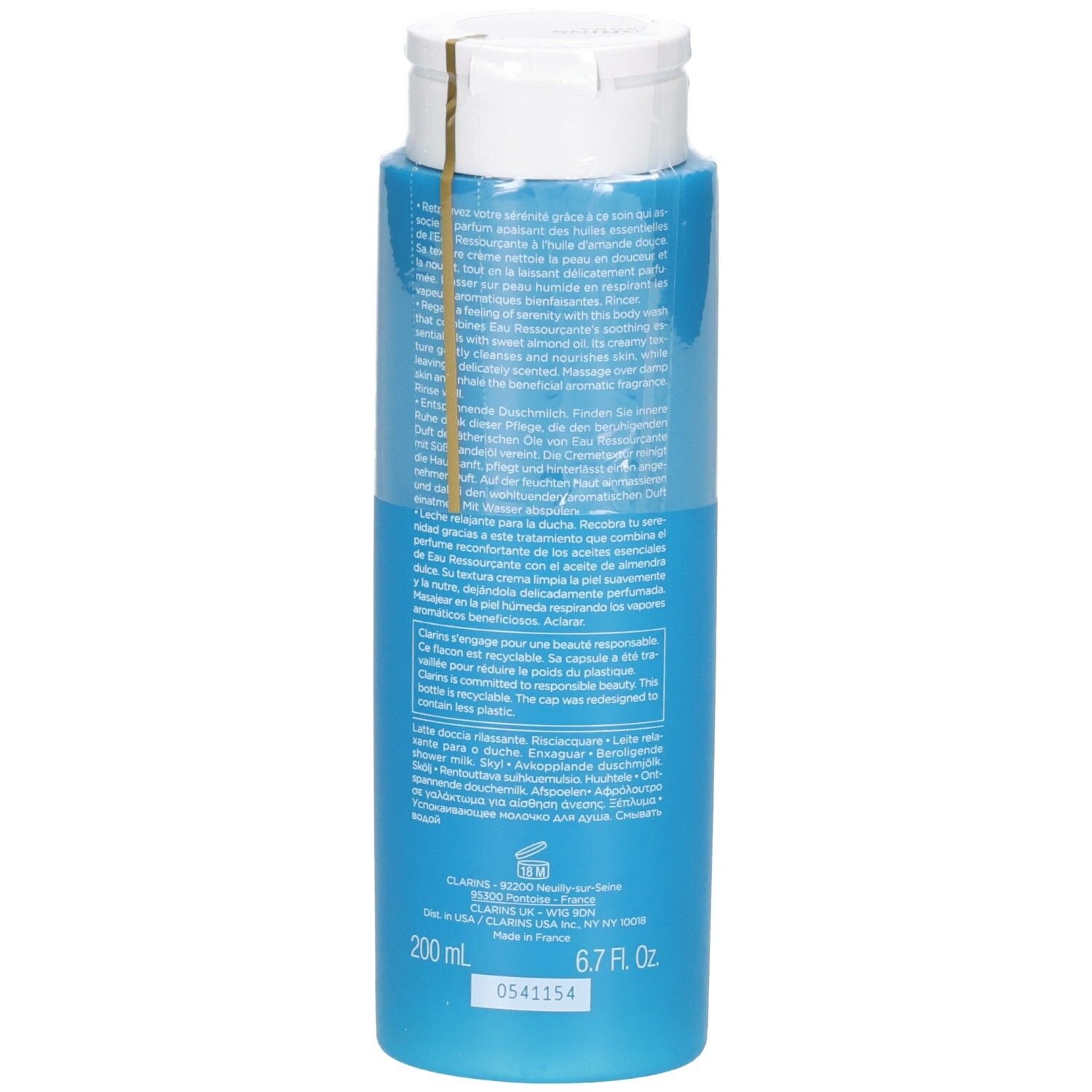 Rückseite der Clarins Eau Ressourcante Duschmilch Flasche mit Produktinformationen.