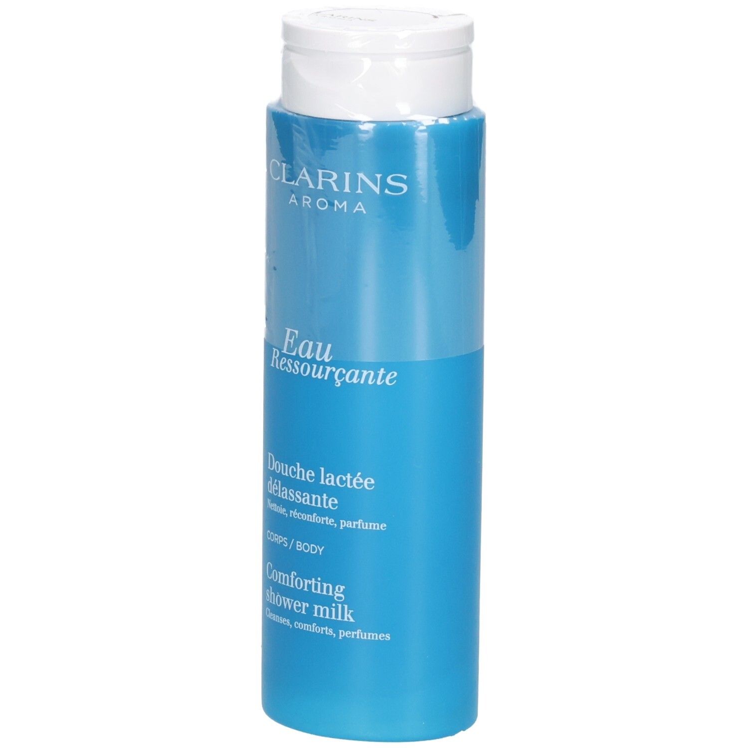 Clarins Eau Ressourcante Duschmilch in blauer Flasche mit weißem Klappdeckel.