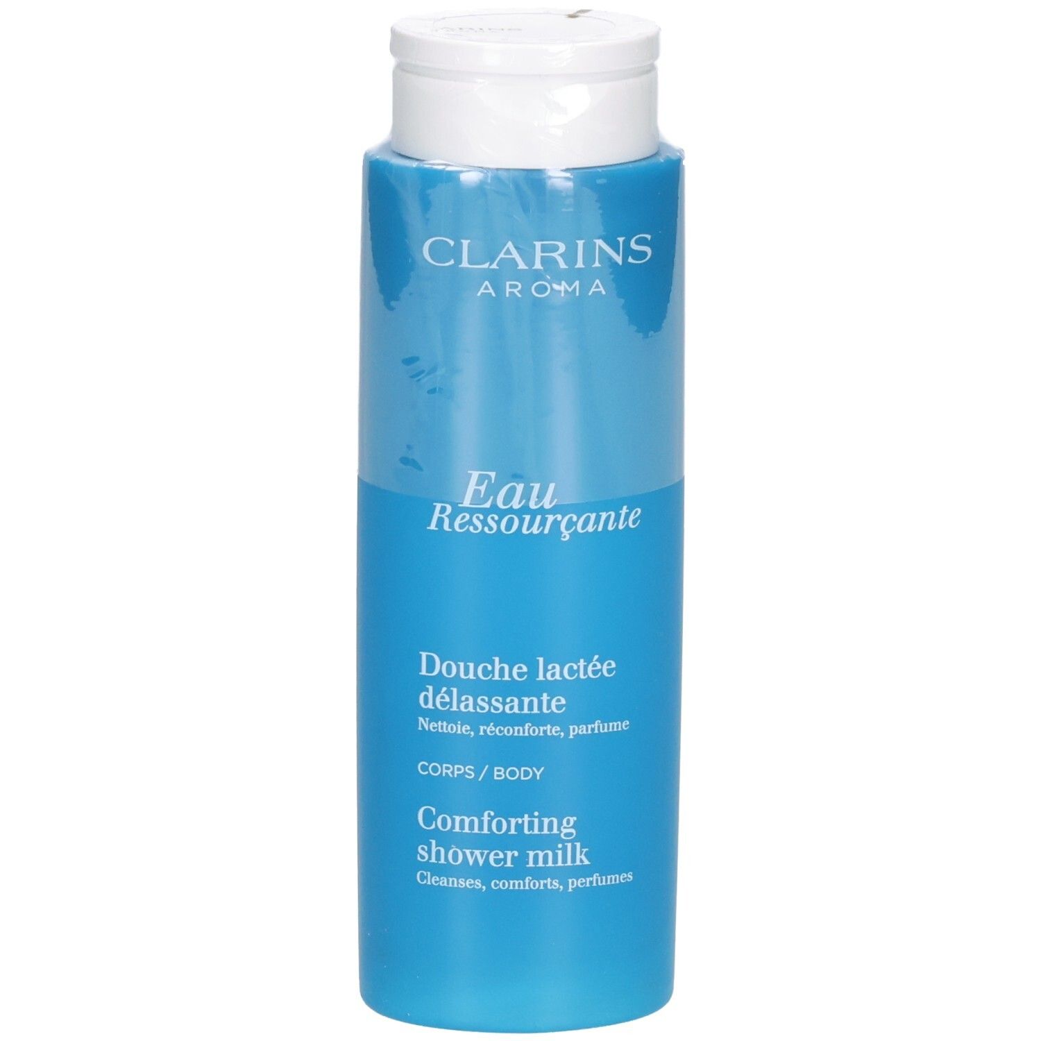 Clarins Eau Ressourcante Duschmilch in blauer Flasche mit weißem Klappdeckel.