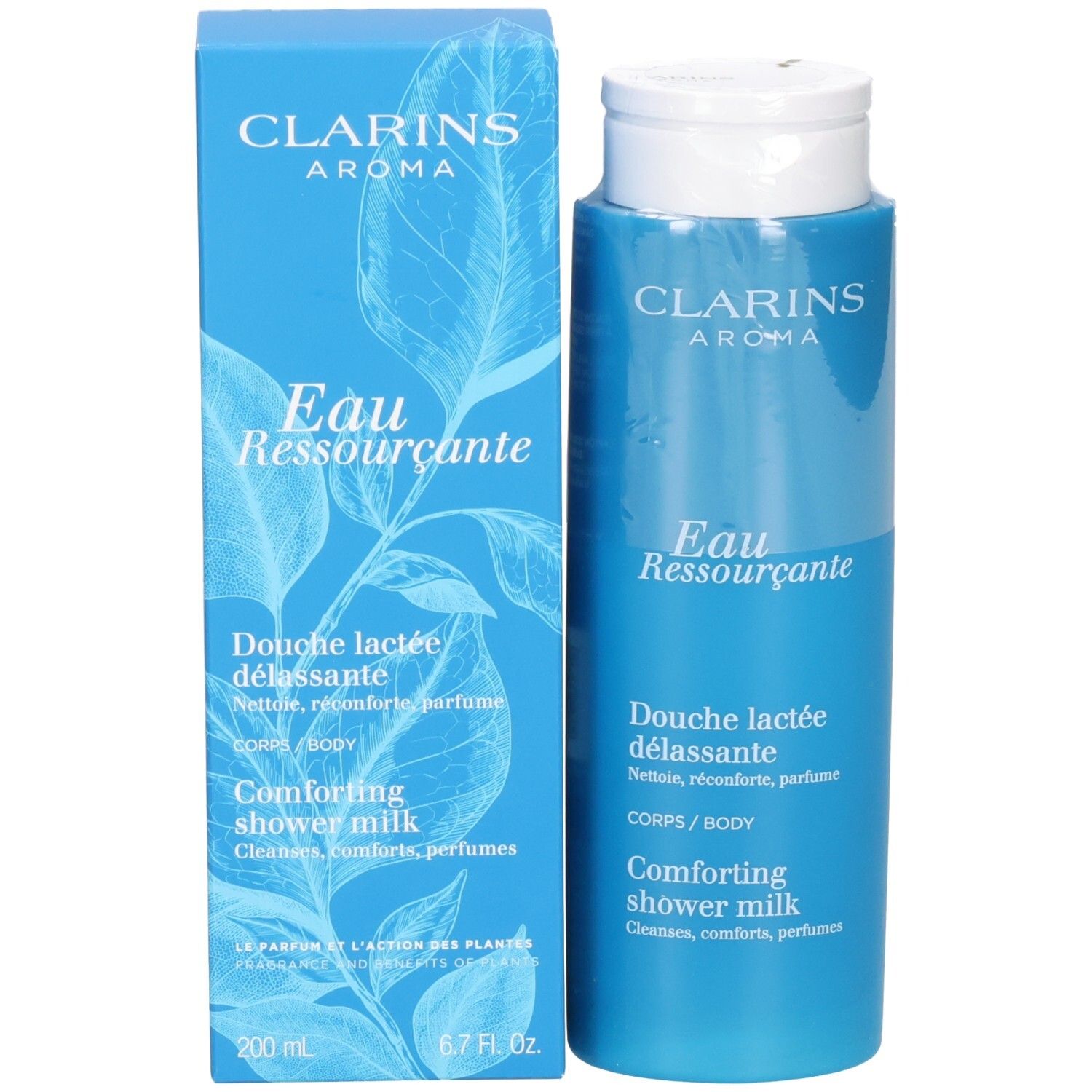 Clarins Eau Ressourcante Duschmilch Flasche neben der blauen Verpackungsbox.