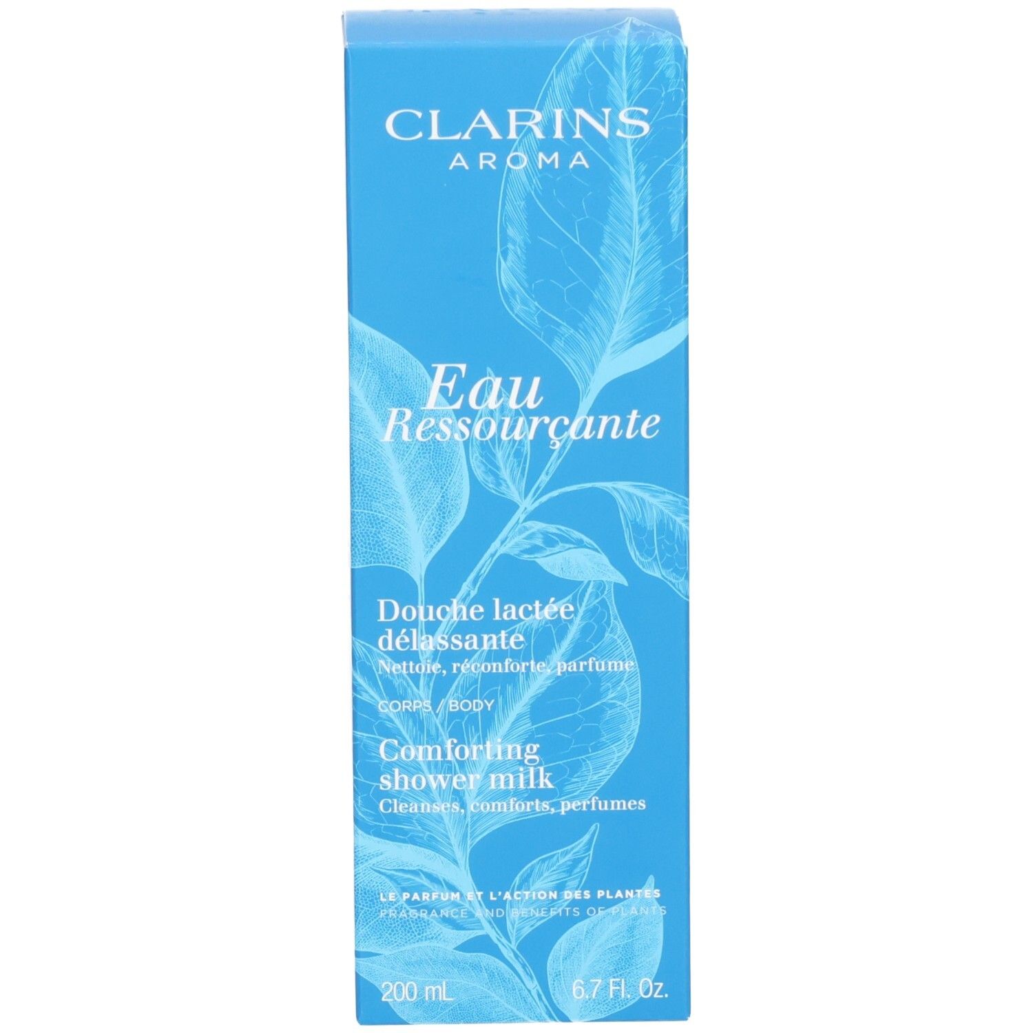 Clarins Eau Ressourcante Duschmilch Verpackungsbox mit Blattmuster.