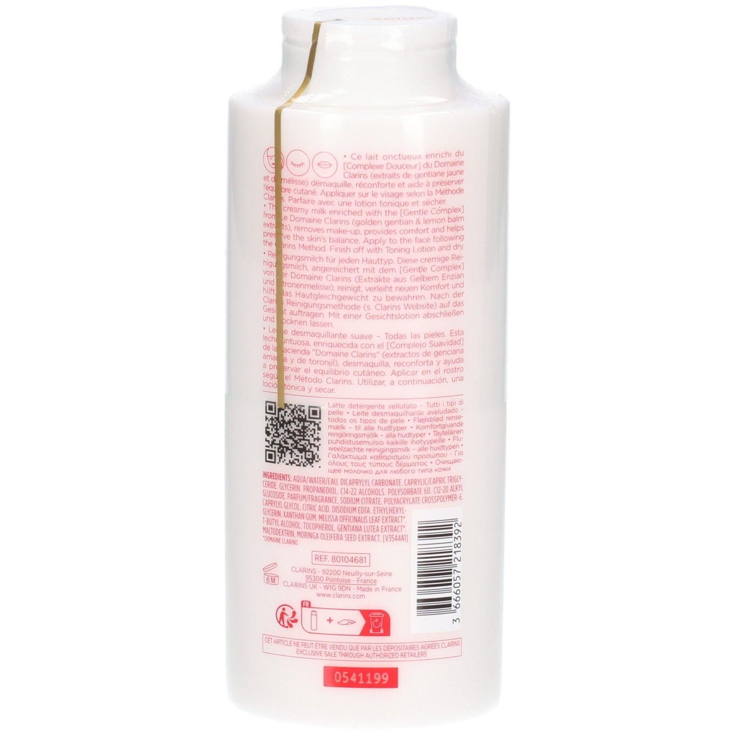 Clarins Lait Velours Demaquillant, 400 ml, Rückseite mit Details.