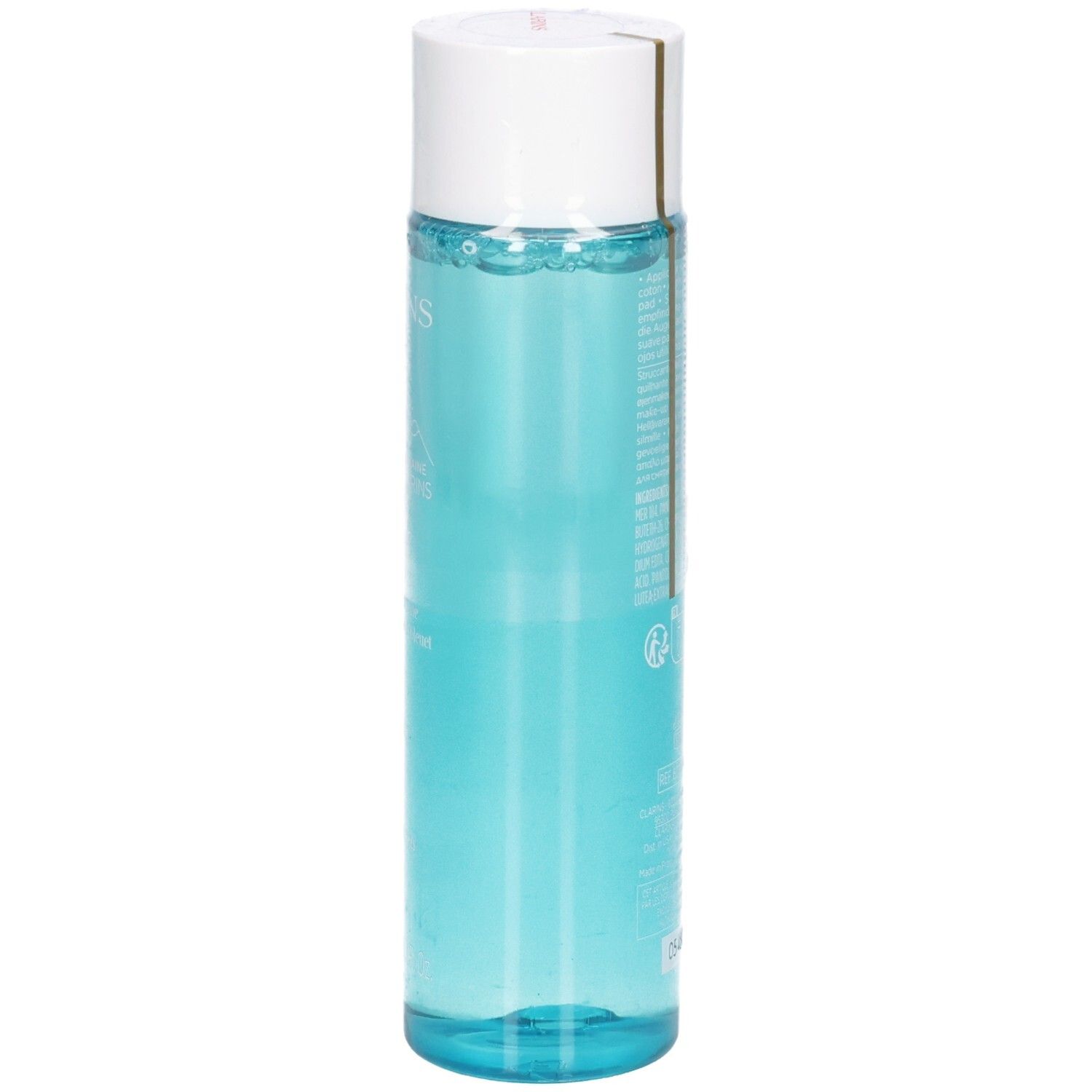Flasche mit blauer Flüssigkeit und weißem Verschluss.