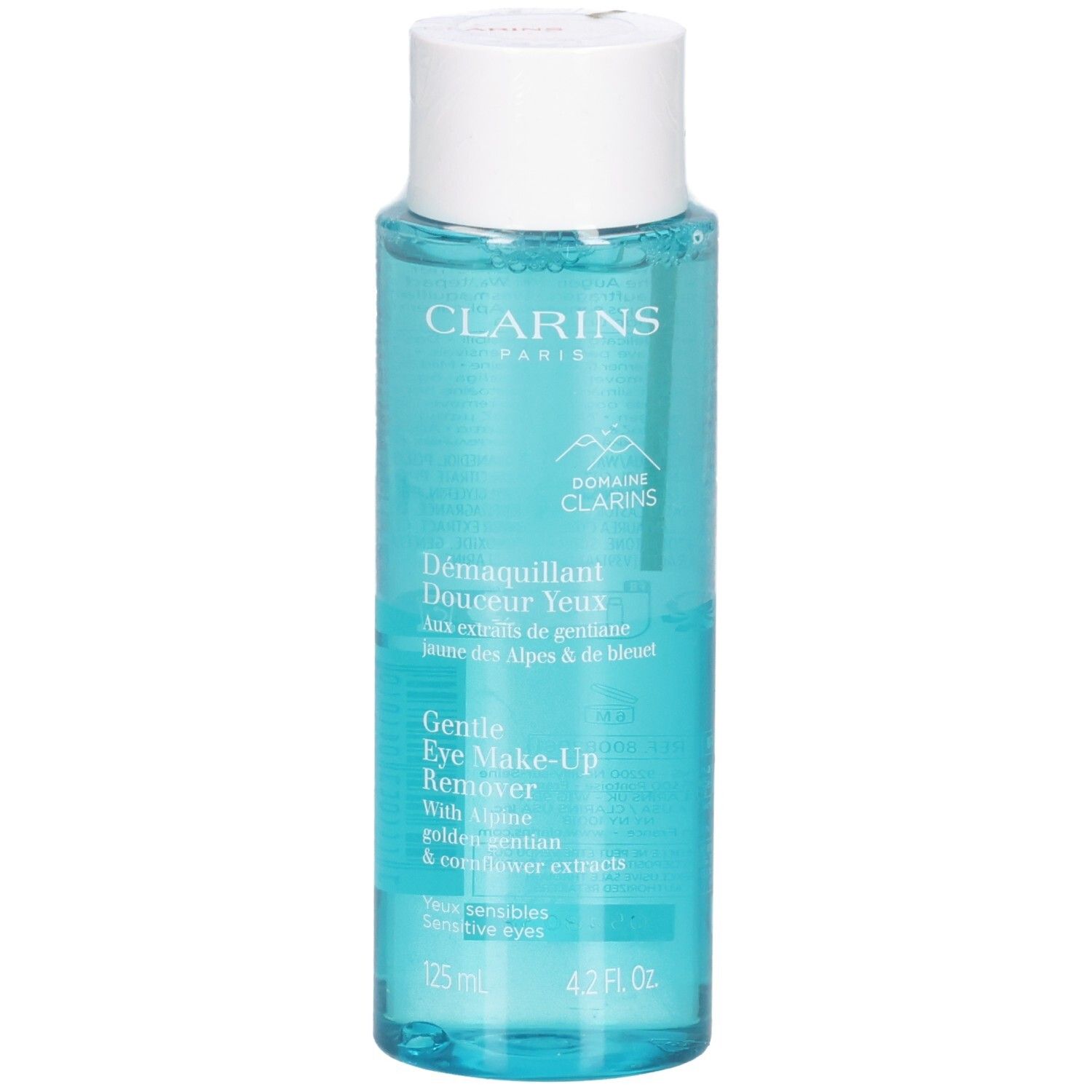 Clarins Augen Make-Up Entferner, 125 ml, in klarer Flasche mit weißem Deckel.