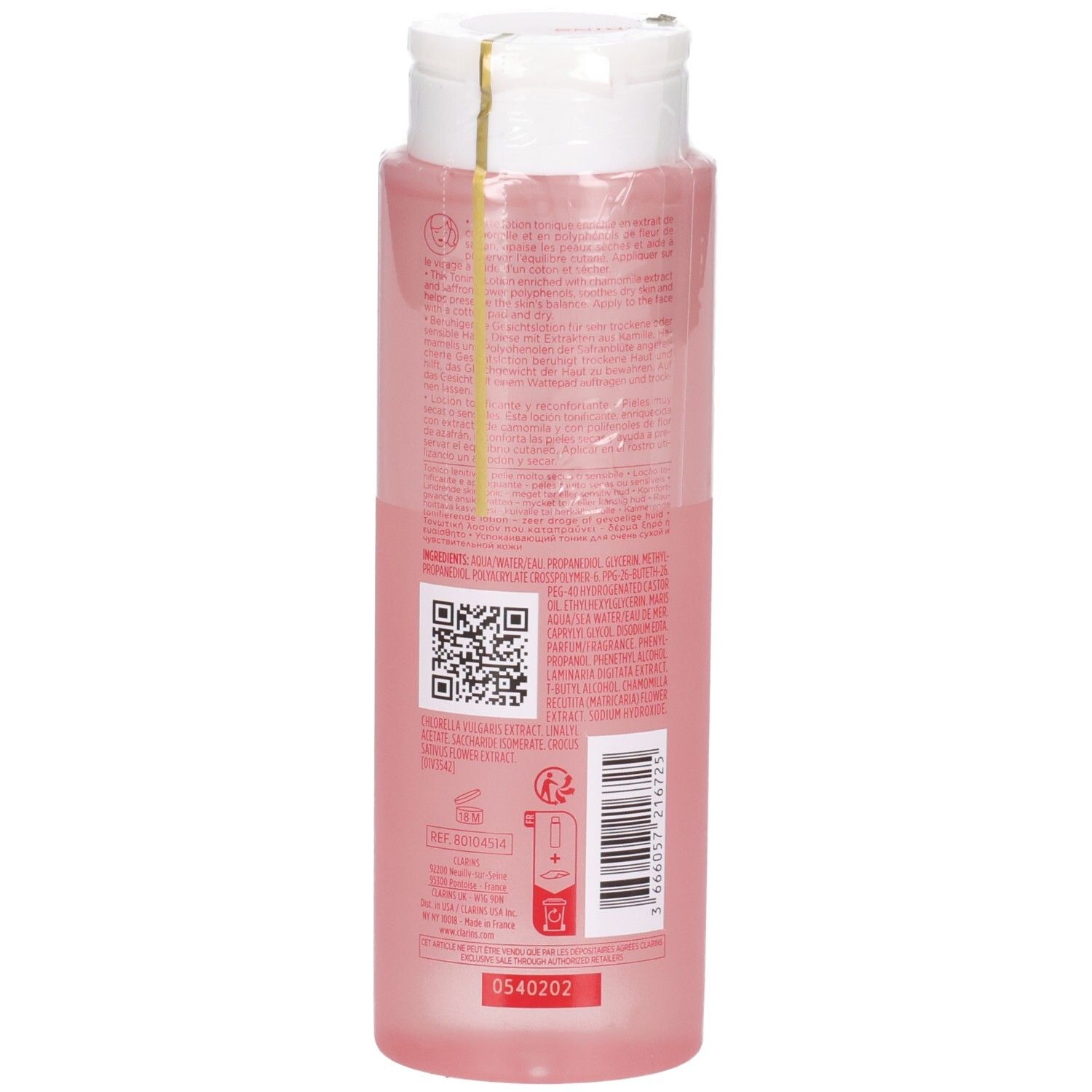 Rückseite der Clarins Beruhigenden Tonic Lotion Flasche. Enthält Inhaltsstoffe und Barcode. 200 ml.