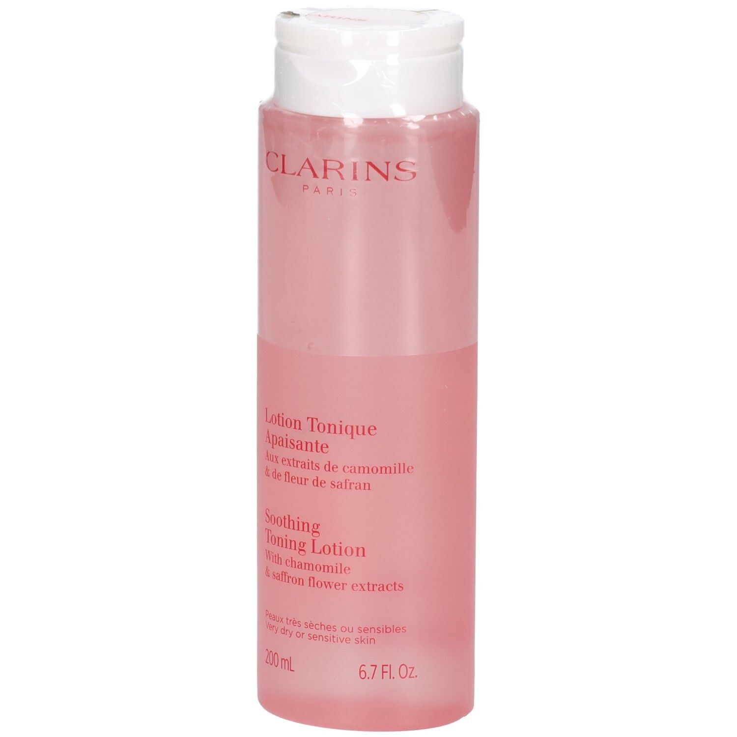 Clarins Beruhigende Tonic Lotion in einer durchsichtigen rosa Flasche mit weißem Klappdeckel. 200 ml.