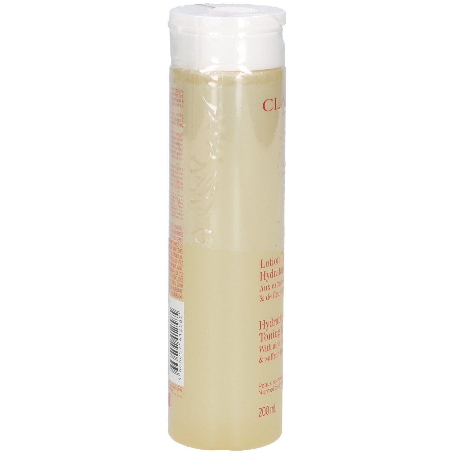 Clarins Lotion Tonique Hydratante, Rückseite mit Produktinformationen und Barcode.