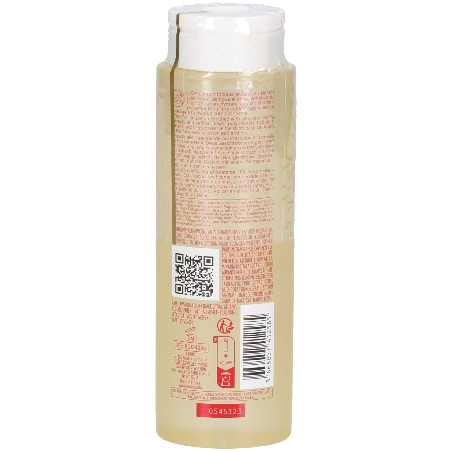 Clarins Lotion Tonique Hydratante, Rückseite mit detaillierten Inhaltsstoffen und QR-Code.