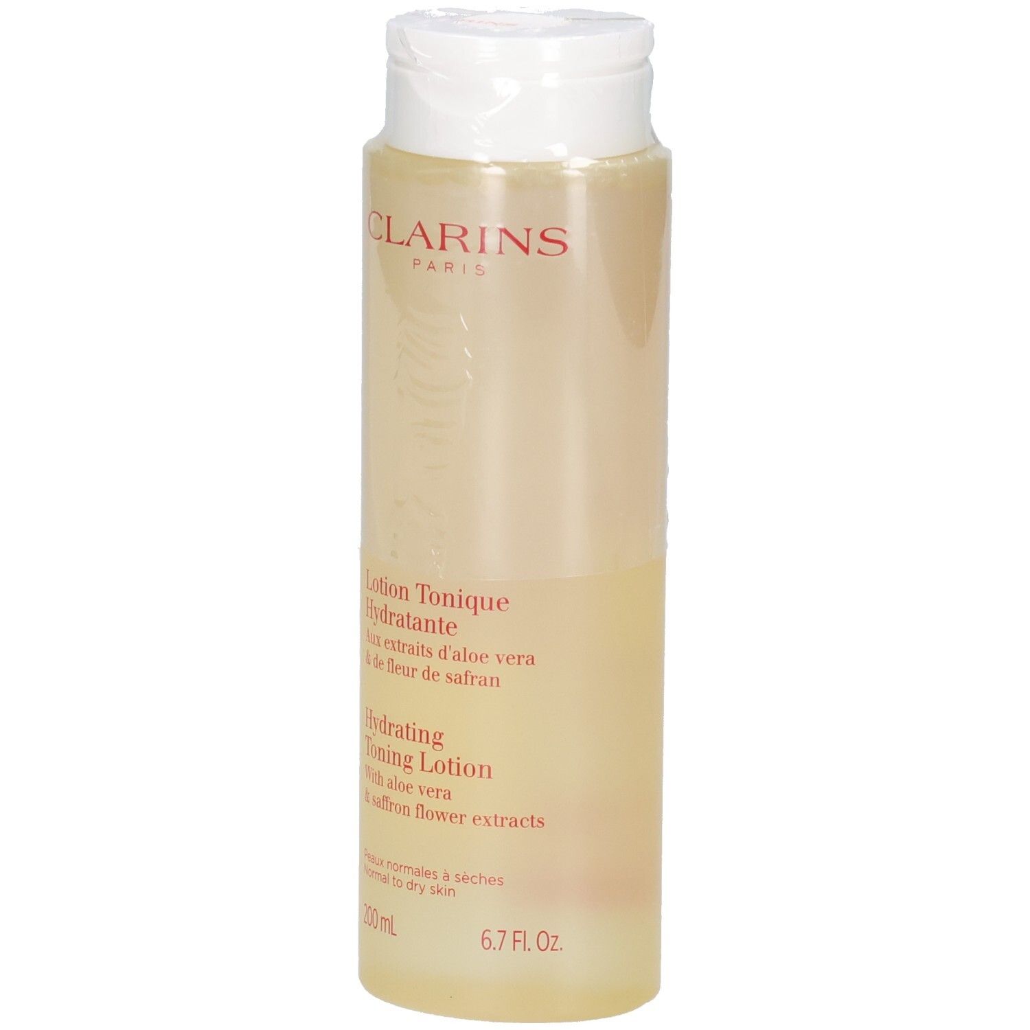 Clarins Lotion Tonique Hydratante, 200 ml, mit Aloe Vera und Safran-Extrakten.