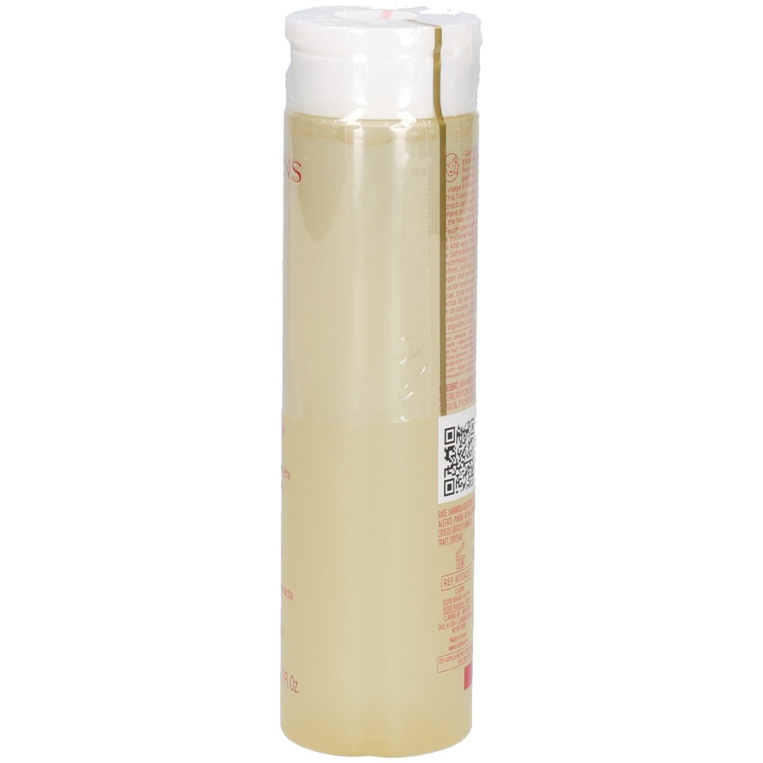 Clarins Lotion Tonique Hydratante, Seitenansicht des Flakons mit gelblicher Flüssigkeit.