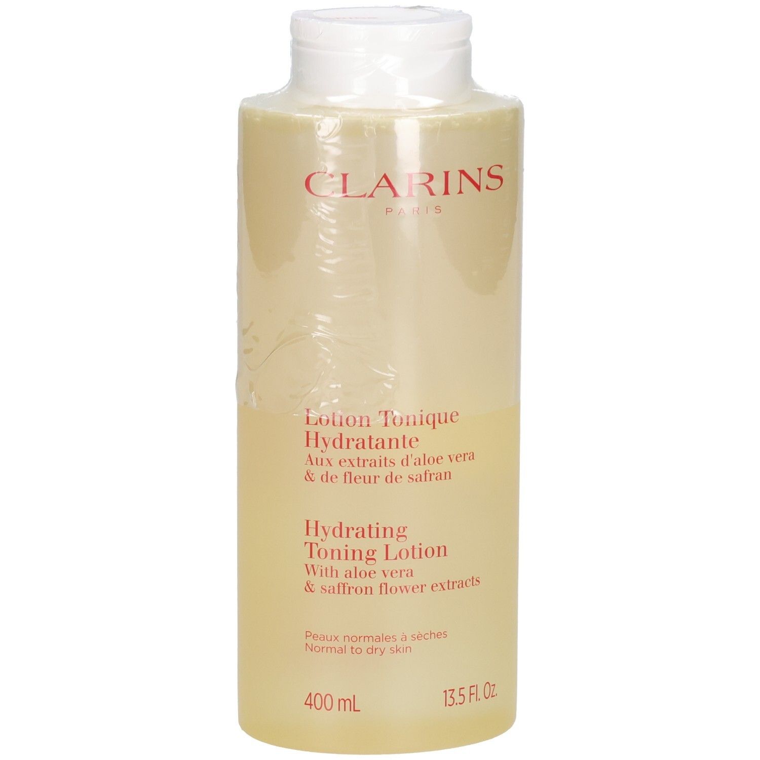Clarins Hydrating Toning Lotion, 400 ml, mit Aloe Vera und Safranblütenextrakten.