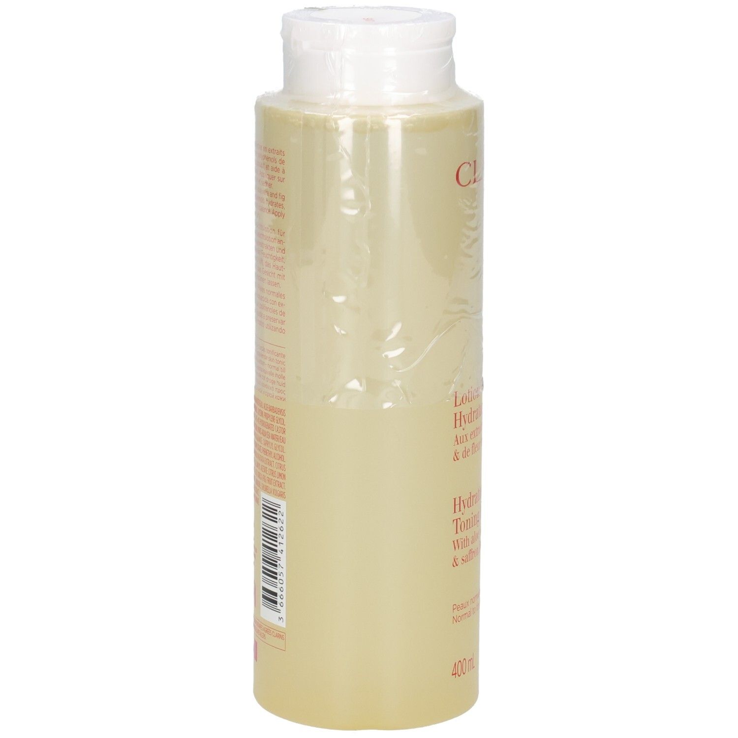 Clarins Hydrating Toning Lotion, Rückseite mit Inhaltsstoffen und Barcode.
