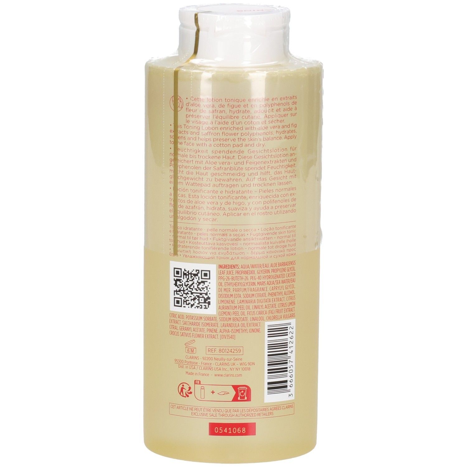 Clarins Hydrating Toning Lotion, Rückseite mit QR-Code und Produktinformationen.