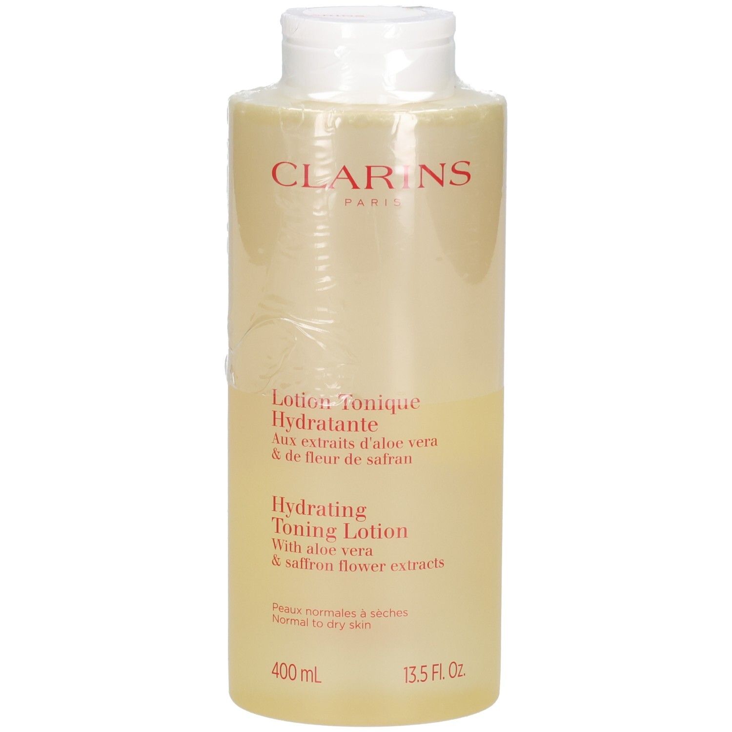 Clarins Hydrating Toning Lotion, 400 ml, mit Aloe Vera und Safranblütenextrakten.