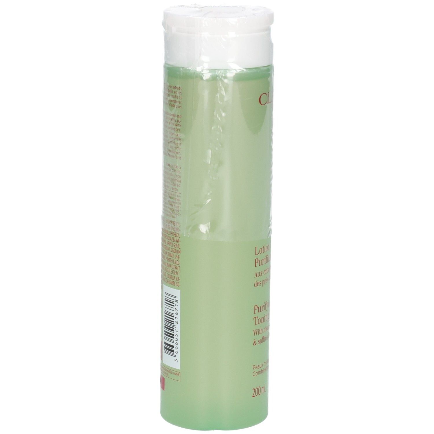 Clarins Lotion Tonique Purifiante, Rückseite des Flakons mit Etikett und Barcode.