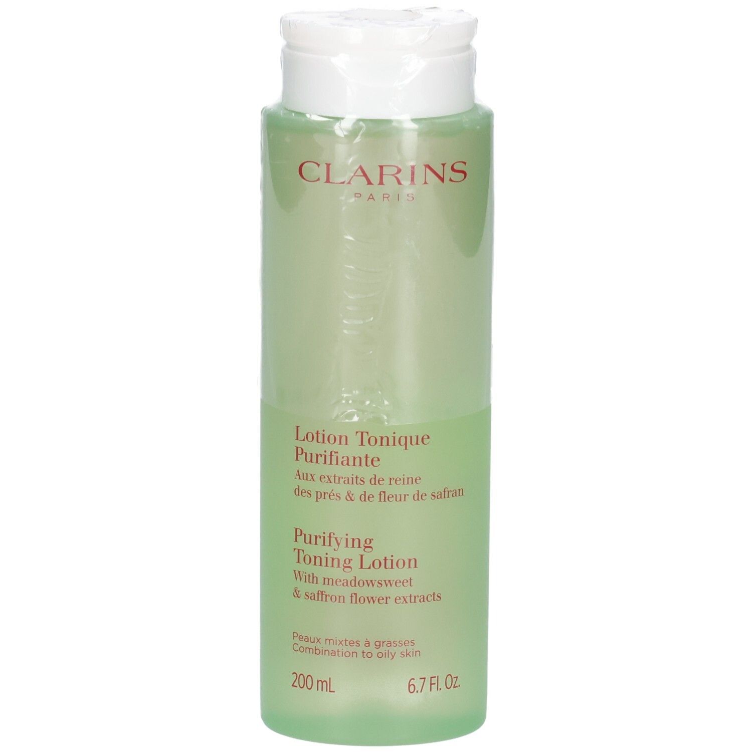 Clarins Lotion Tonique Purifiante, 200 ml, klare grüne Flüssigkeit in durchsichtigem Flakon.