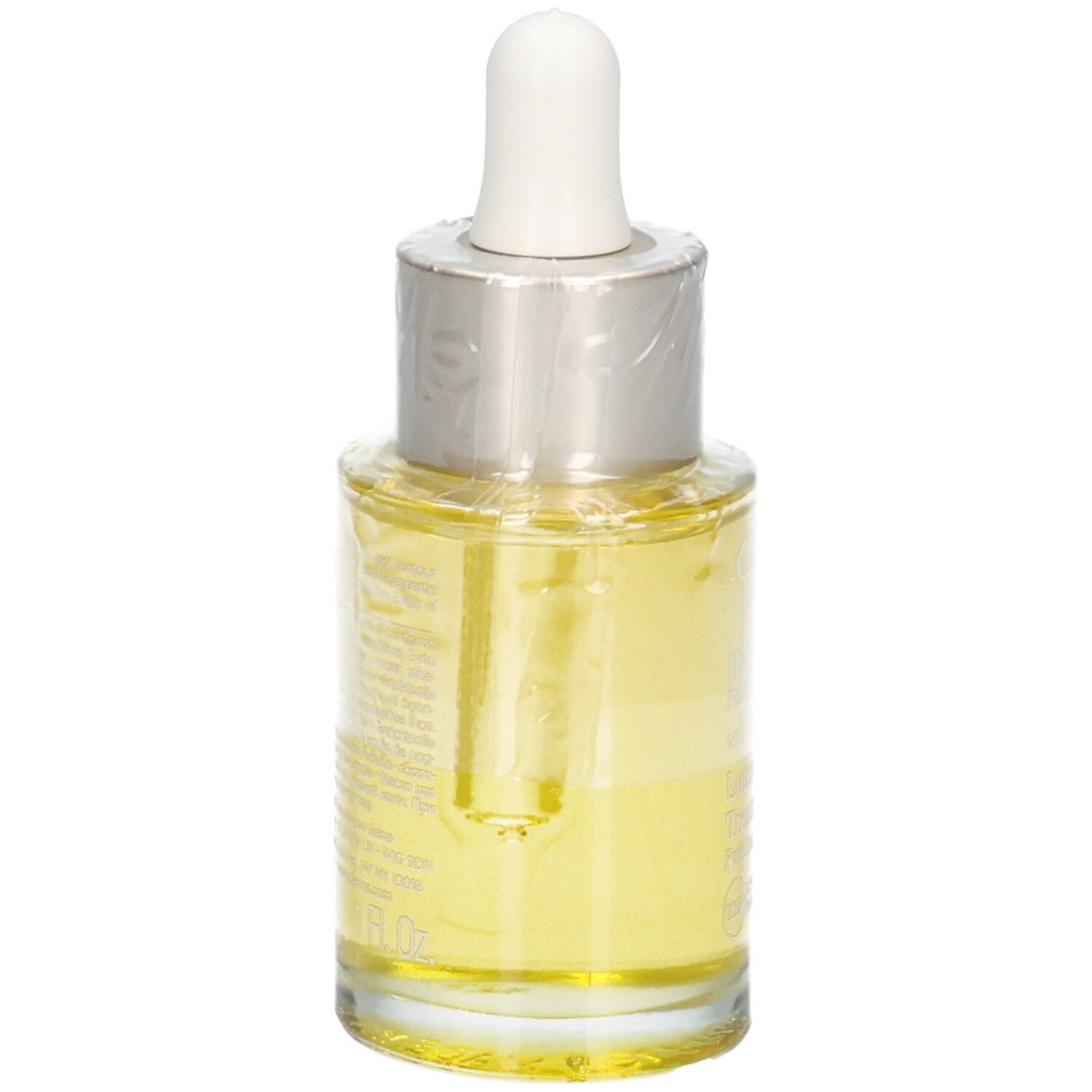Clarins Aroma Huile Lotus Gesichtsöl, Rückansicht. Gelbe Flüssigkeit in Glasflasche mit Pipette.